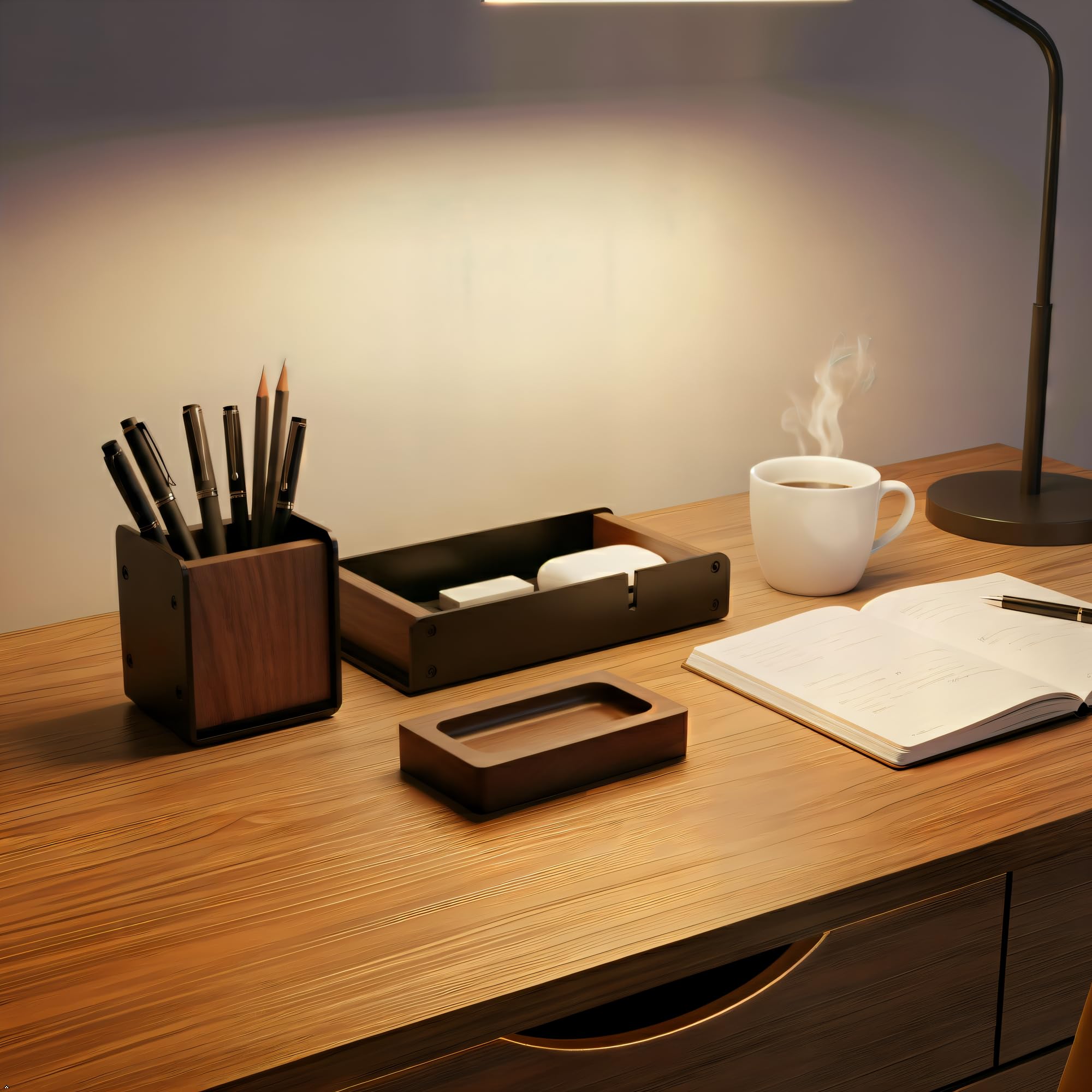 Walnut Desk Tray with Pen Holder Set Solid Wooden Desk Drawer Organizer for Keys Pen Watch Airpods Earbuds — view 5