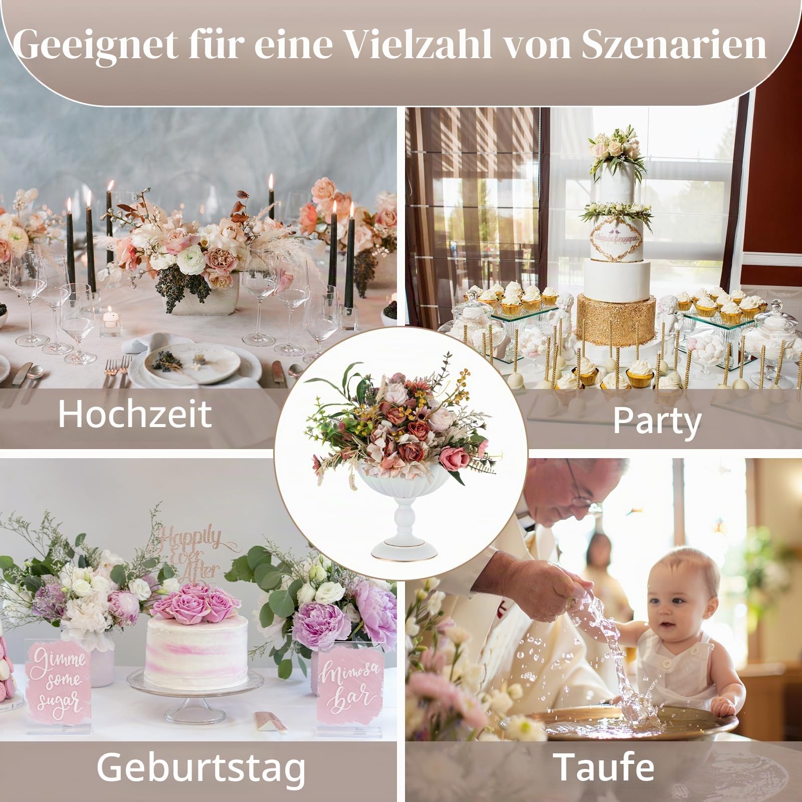 Sziqiqi Metall Weiß Urn Vasen Hochzeit: Vase Hoch für Tischdeko 10Stk | Dick, ⌀20cm/ H20cm/ T8cm, Hohe Sockel, Weite Öffnung für Kunstblume, Vintage, Hochzeitdeko, Taufe, Esstisch, Party, Landhaus