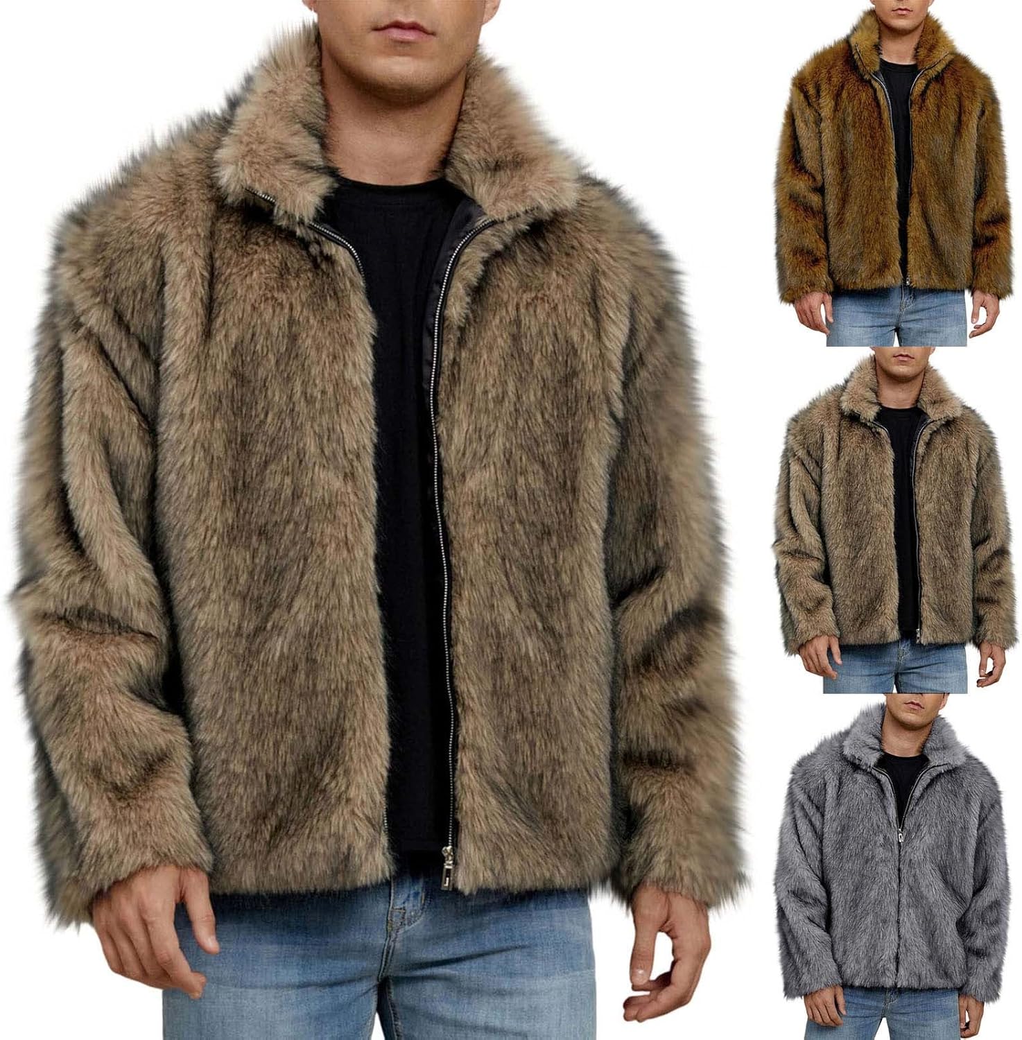 Cambkatl Men's Luxury Faux Fur Winter Coats Full Zip Long Sleeve Jacket Fluffy Warm Parka Overcoat Outerwear