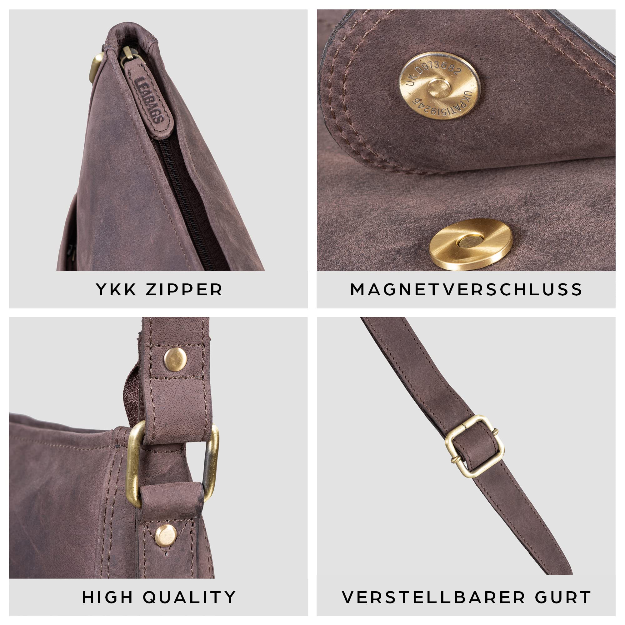 LEABAGS Leder Handtasche Damen I Premium Echtleder Umhängetasche I Damen Schultertasche I Damentasche I Tragetasche für Arbeit Uni Schule Freizeit