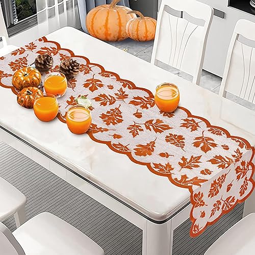 Miniatura 6 de Decoración de camino de mesa de otoño, camino de mesa de encaje de hojas de arce de 13 x 72 pulgadas, decoraciones de Acción de Gracias para el