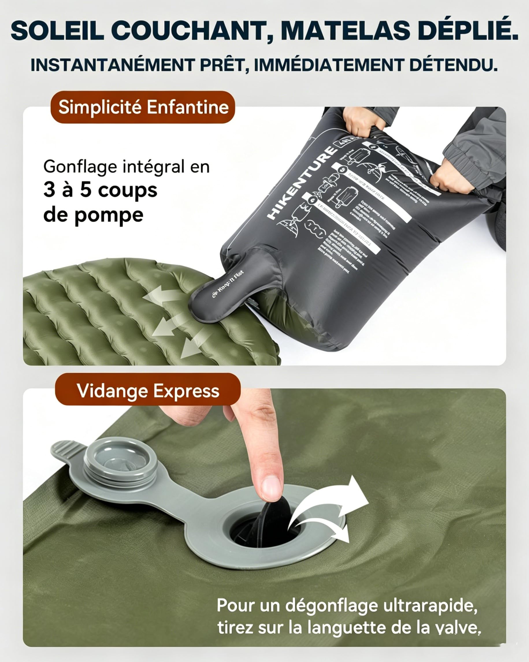 HIKENTURE Valeur-R 6.2 Matelas de Camping Ultra-léger 1 Personne Épais 8cm | Compact, Isolation 4 Saisons (-20℃) - Matelas Autogonflant avec Sac de Pompe - Pour Camping, randonnée, bivouac, tente - Vert