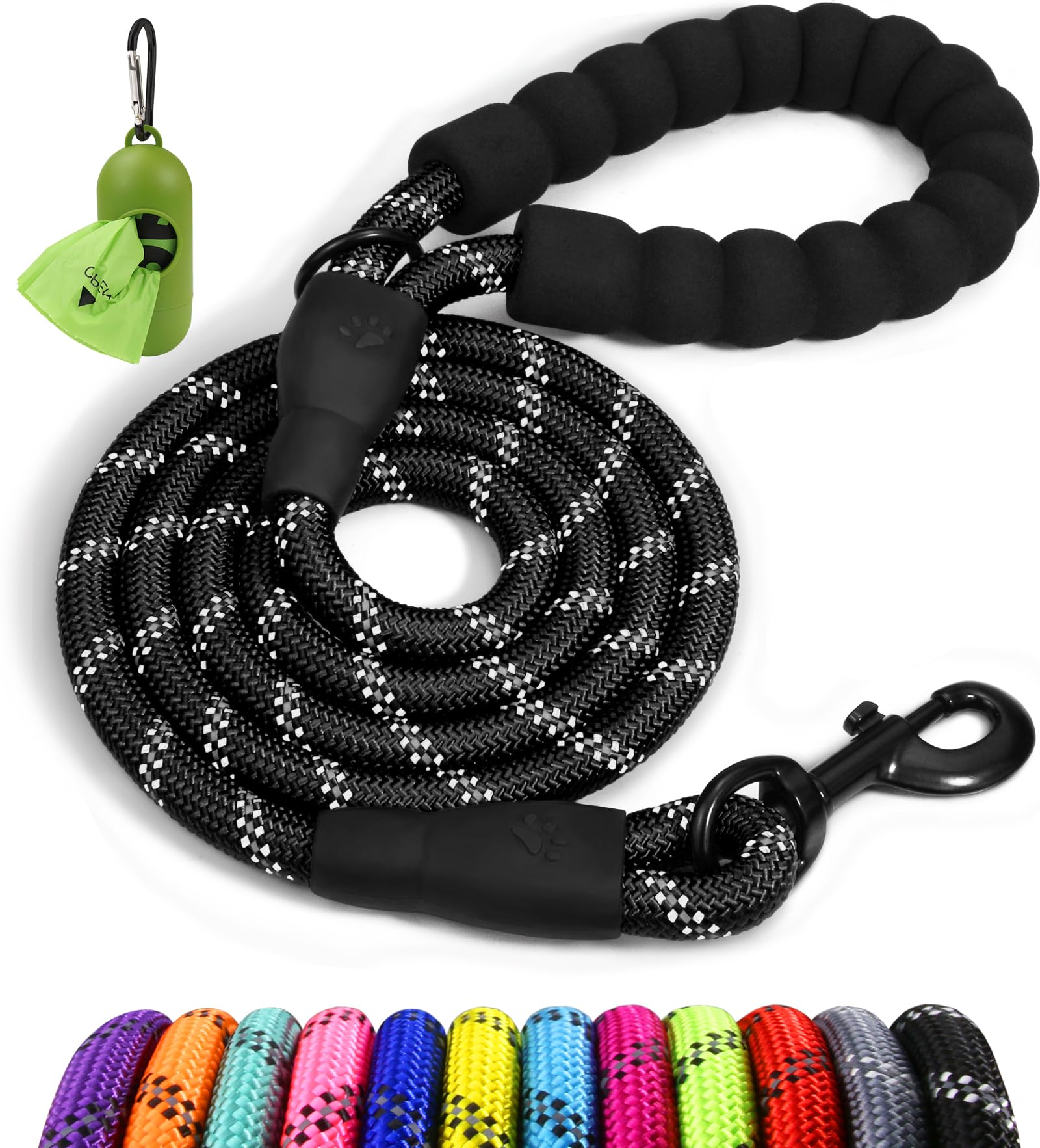 Taglory Rope Dog Lead with Soft Padded Handle, 1.2 m Reflective Lead and Multi-Colour for Small Dogs, 1.0 cm, Black