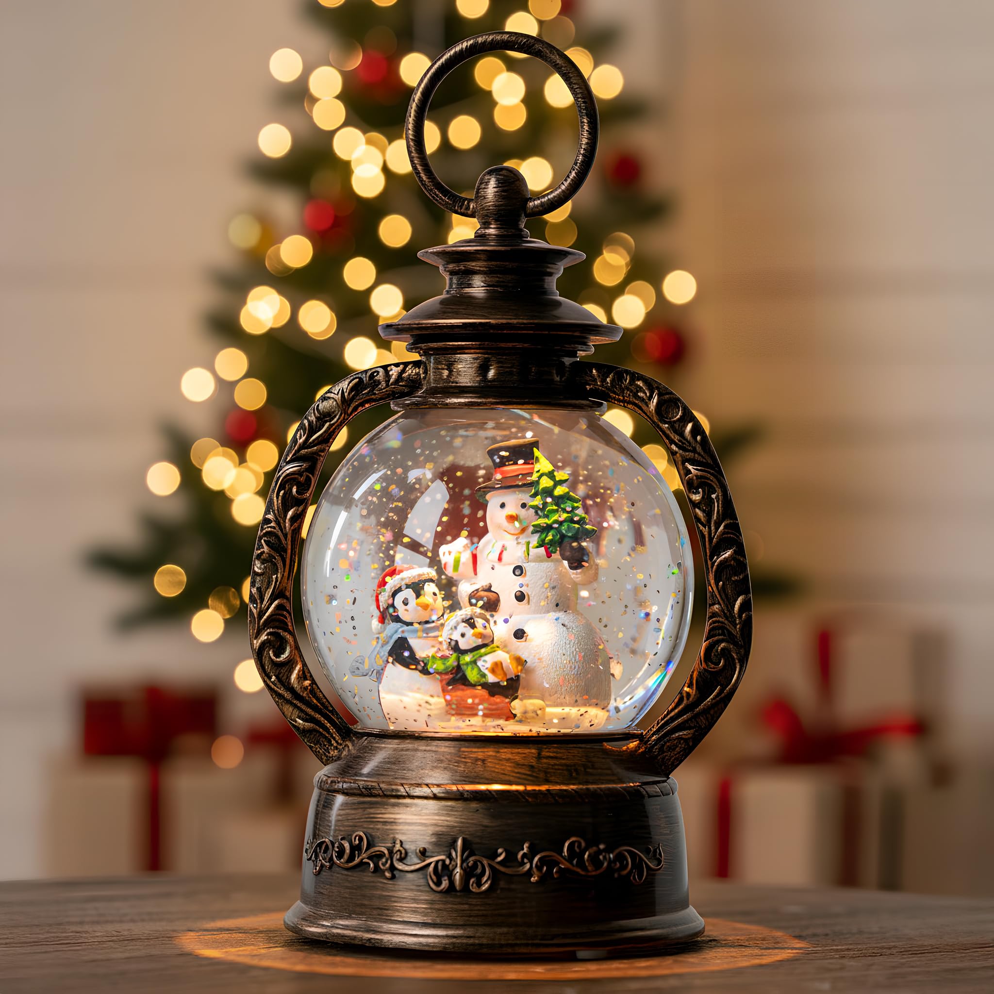 Christmas Snow Globe Lantern Water Glittering Snowman &amp; Penguins with Music &amp; Timer, USB Lined/Battery Operated Lighted Lantern for Christmas Festival Decoration Gifts
