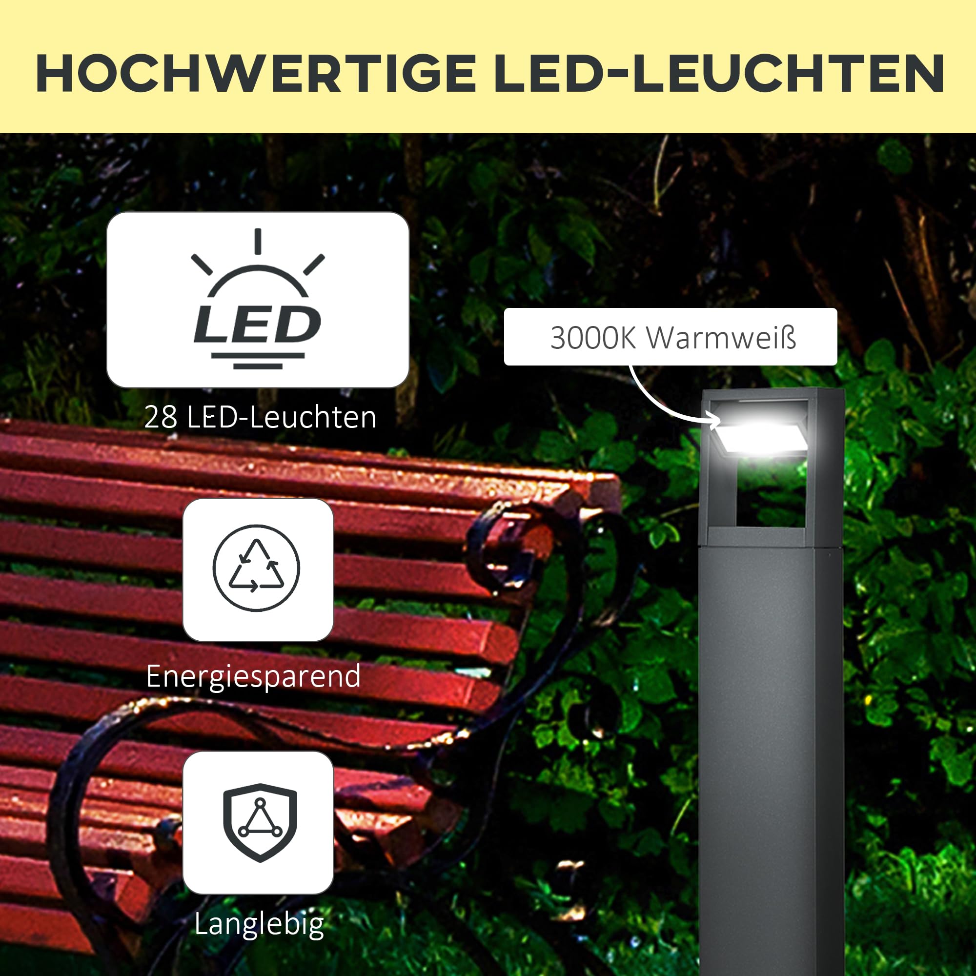 Outsunny Gartenlampe Pollerleuchte 90 cm hoch, LED Gartenleuchte, Wegleuchte mit Warmweißem Licht, Verstellbarem Neigungswinkel, für Außen, IP65 Wasserdicht, Alu, 16 x 5 x 90 cm, Dunkelgrau