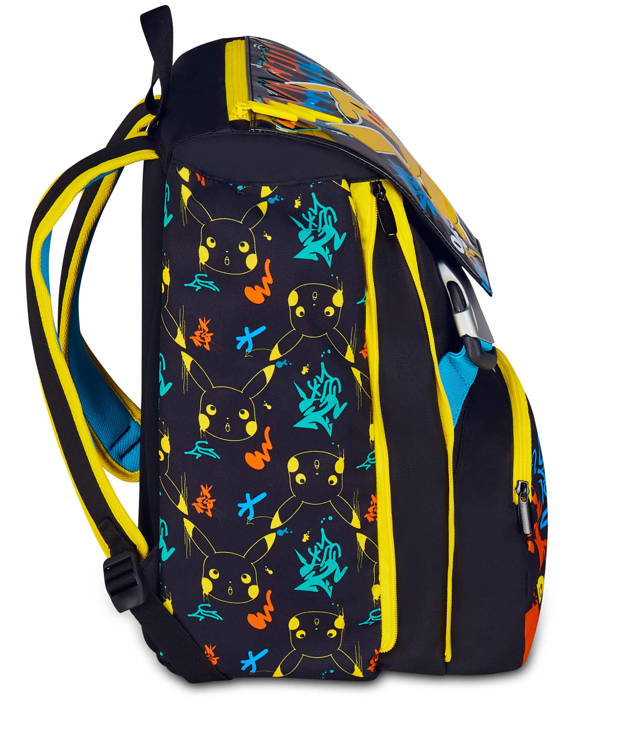 Seven Pokémon - Mochila con doble compartimento extensible, negra, gran capacidad, respaldo preformado, para niño, escuela primaria, Negro, Talla única, Casual