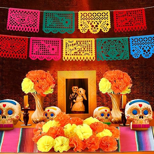 Miniatura 6 de Juego de 112 piezas de decoración del Día de los Muertos, 100 caléndula artificial a granel, 2 guirnaldas de caléndula artificial de 5 pies, 9