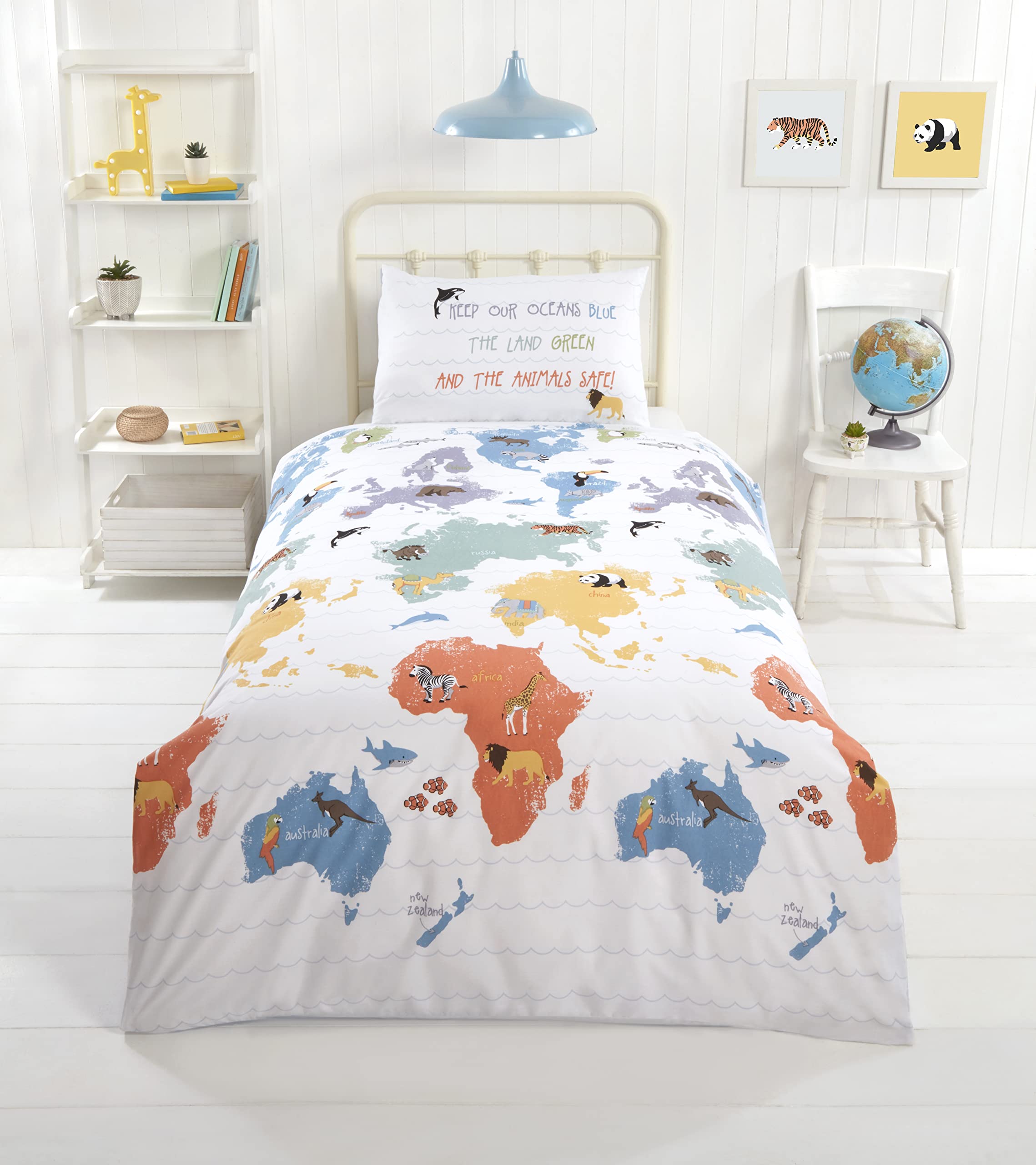 Rapport Home Furnishings Kids' Sustainable Single Bedding Set - Children's World Map Geographical Single Duvet Cover Set, Eco-Friendly Reversible Easy Care Quilt Cover (135 x 200 cm)