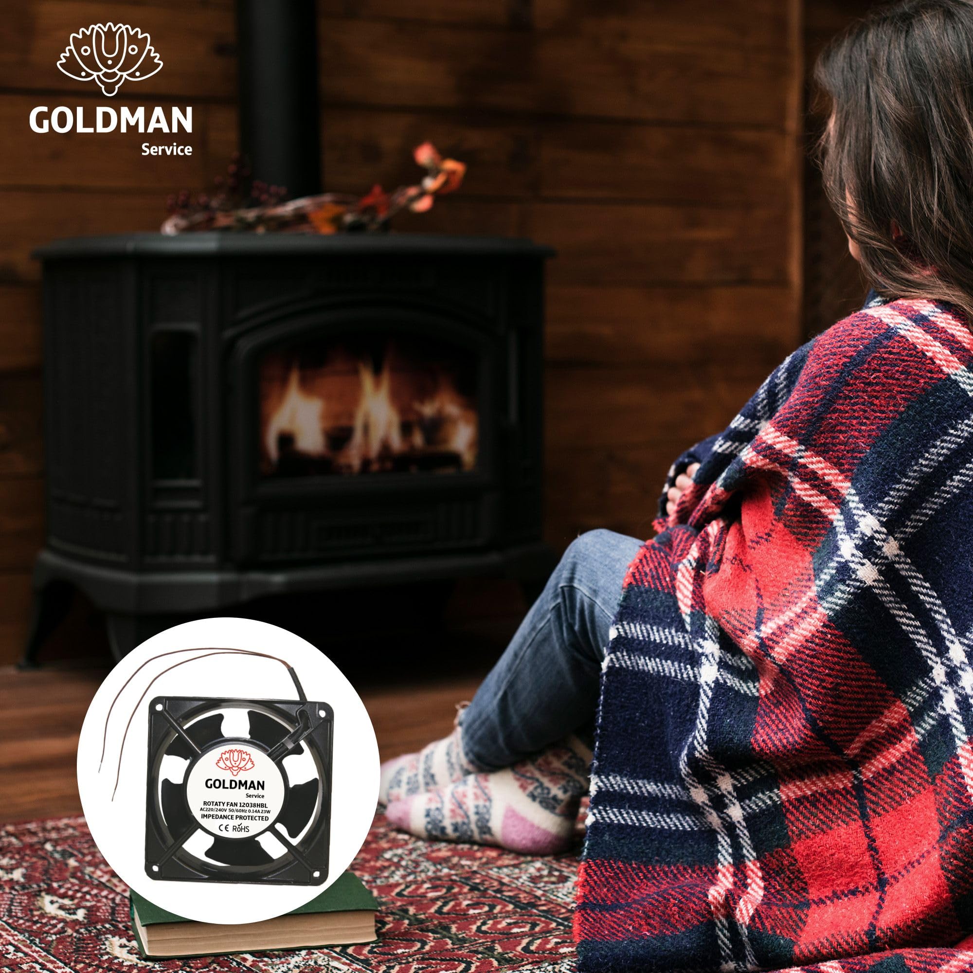 GOLDMAN SERVICE | Ventola Assiale ad Alta Temperatura con Griglia e Filtro per Inserti da Camino | Silenziosa con Pale Metalliche Potenti | Dimensioni: 120×120×38 mm (23 W)