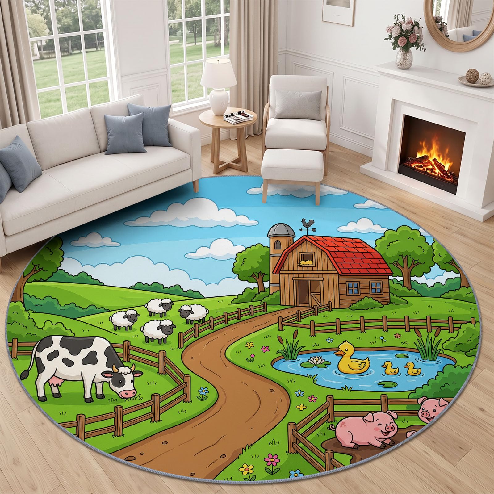 Générique Tapis Rond Vert 120 cm, Tapis à Poils Courts Lavable, Rond, Antidérapant et Doux, Design Dessin Animé Animal Grange Ludique en Dessin Animé pour Pépinière