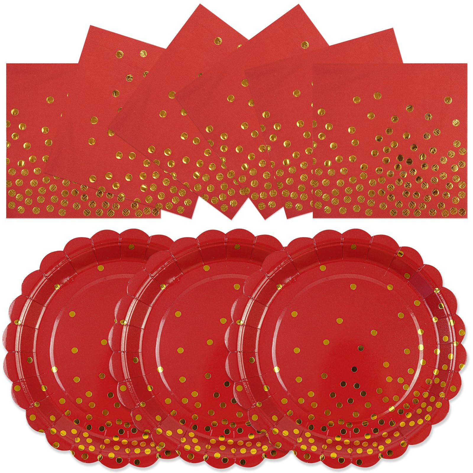 50PCS Red Paper Plates and Napkins Set - Red and Gold Dot Disposable Party Plates Dinnerware Party Supplies Decorations for Birthdays, Back to School, Engagement and Weddings