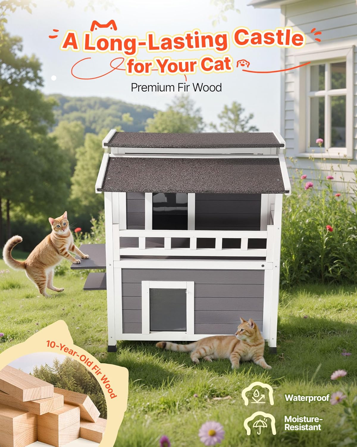 VEVOR Insulated Cat House, 2-Story Wooden Cat Shelter, Foam Insulation, Feral Kitty Shelter with Balcony, Waterproof Cats Condos for Indoor & Outdoor 1-3 Cats in Winter 33 x 29.5 x 32 in