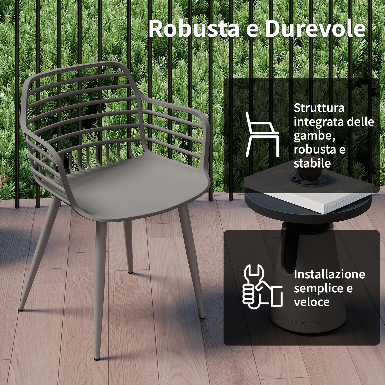 JIJIAN Set da 4 Sedie da Giardino con Braccioli Portata 120 kg Grigio | Plastica PP con Gambe in Ferro Traspirante Robusto Facile da Pulire Sedia Leisure per Balcone Giardino Terrazza Cucina