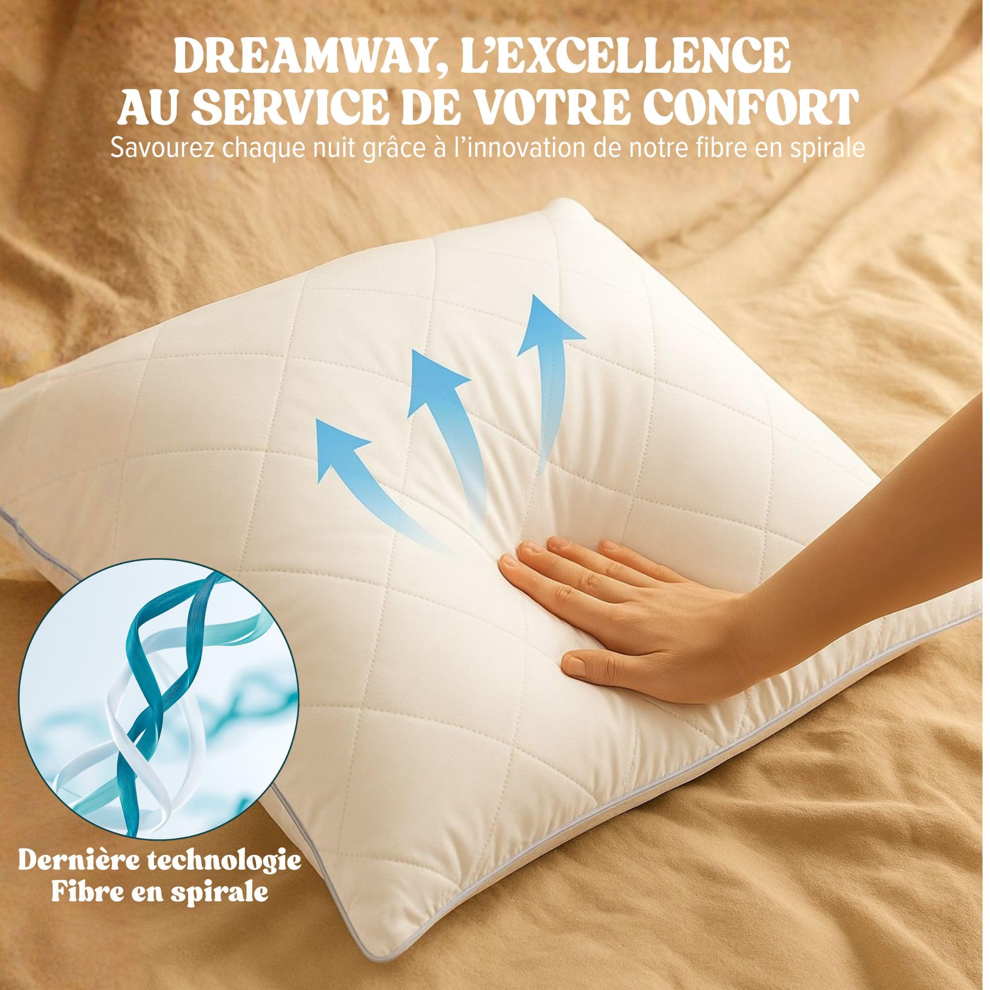 DREAMWAY Oreiller 65x65 cm Lot de 2 Oreillers carrés | Qualité Hôtelière, Respirant et Hypoallergénique, Certifié Oeko-Tex, Indéformable, Adapté à Toutes Les positions de Sommeil