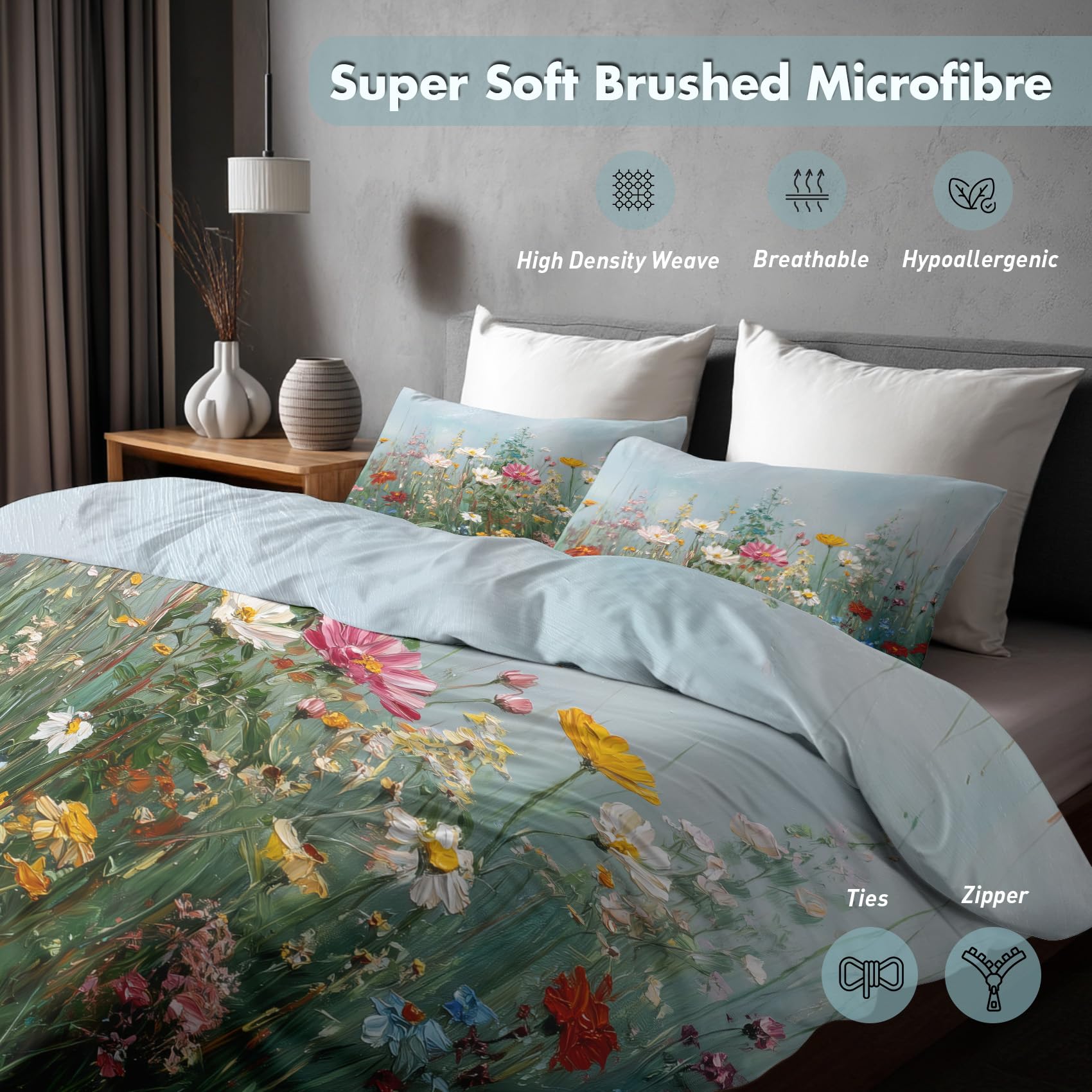 Generisch Wildblumen Bettwäsche 220x240, Schlafzimmer Deko Wendebettwäsche 3tlg, Botanisch Bunt Blumen Bettbezug & 2 Kissenbezüge 80x80, Weiche Mikrofaser, mit Reißverschluss -v352