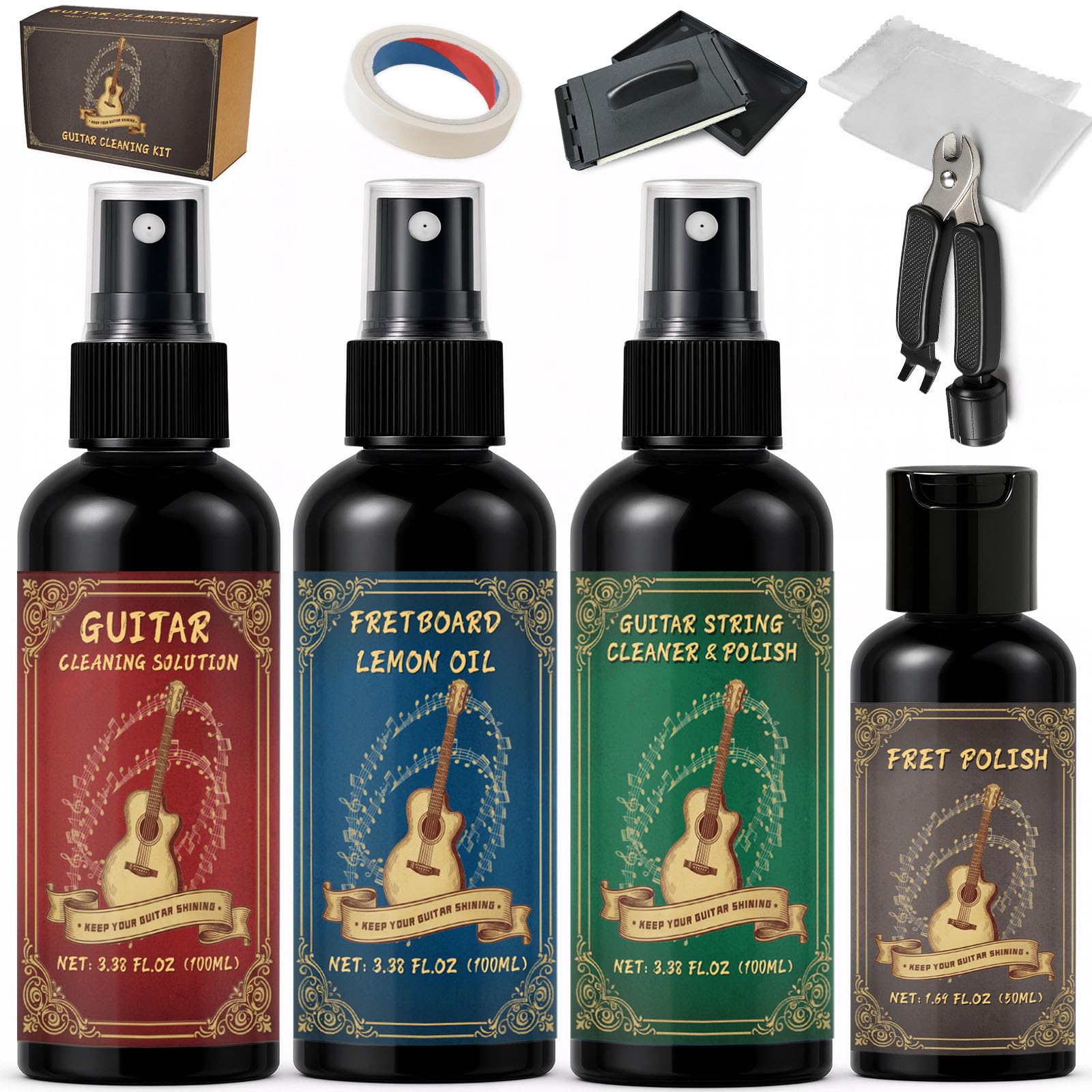 Kit di pulizia per chitarra da 9 pezzi, con lucidante per tasti, previene l'usura, lo sbiadimento e le crepe, mantenendo lo strumento nel suo aspetto migliore e nella qualità del suono in ogni momento