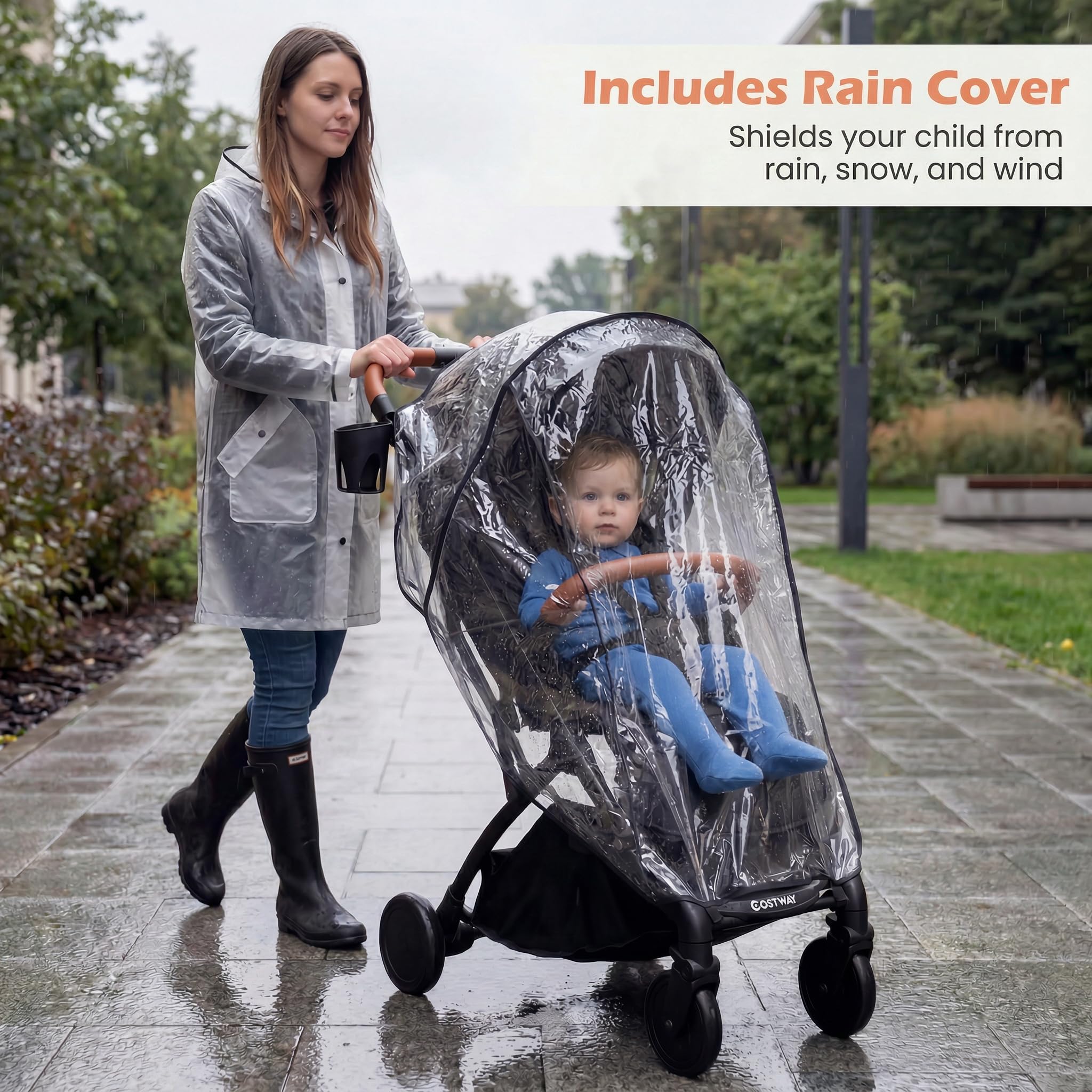 GIANTEX Passeggino Leggero per Bambini e Neonati, Passeggino Pieghevole e Portatile con Ruote, Schienale Regolabile, Tettuccio, Cintura di Sicurezza, Cesto e Copertura Antipioggia (Nero)