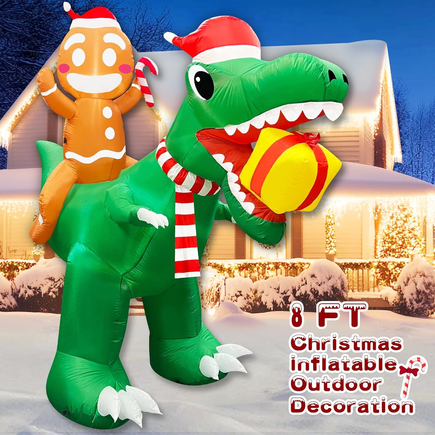 8 Ft Christmas Inflatable Gingerbread Man Ride on Dinosaur with Gift Box Outdoor Decoration Built-in LED Lights, Blow up Christmas Yard Decoration for Party Lawn Holiday Garden Decor Outside