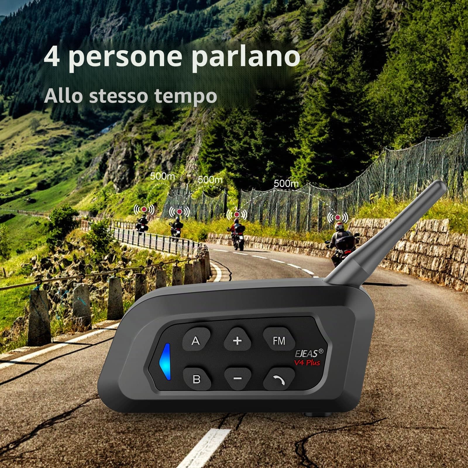 EJEAS V4 Plus Interfono Moto Bluetooth Coppia, Casco da Moto Cuffie Bluetooth 5.1 con Riduzione del Rumore FM e CVC per Interfono Full Duplex per 4 Persone (Confezione da 2)