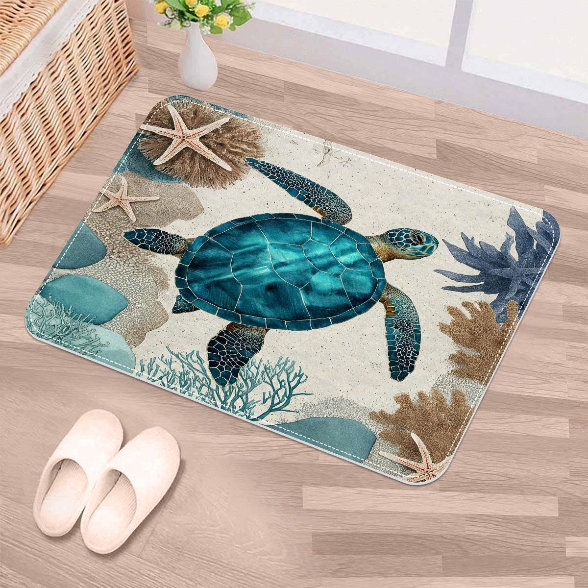 Tapete vintage turquesa súper absorbente que evita resbalones y suelo mojado en la entrada