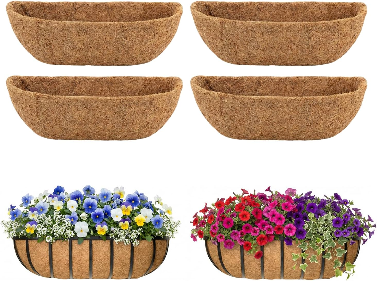 4 Pcs 30 Inch Trough Coco Liner for Window Box, 100% Natural Half Moon Coconut Coir Planter, Replaceable Coconut Fiber Liner for Window Boxes & Fence Flower Baskets (4, 30 inch)
