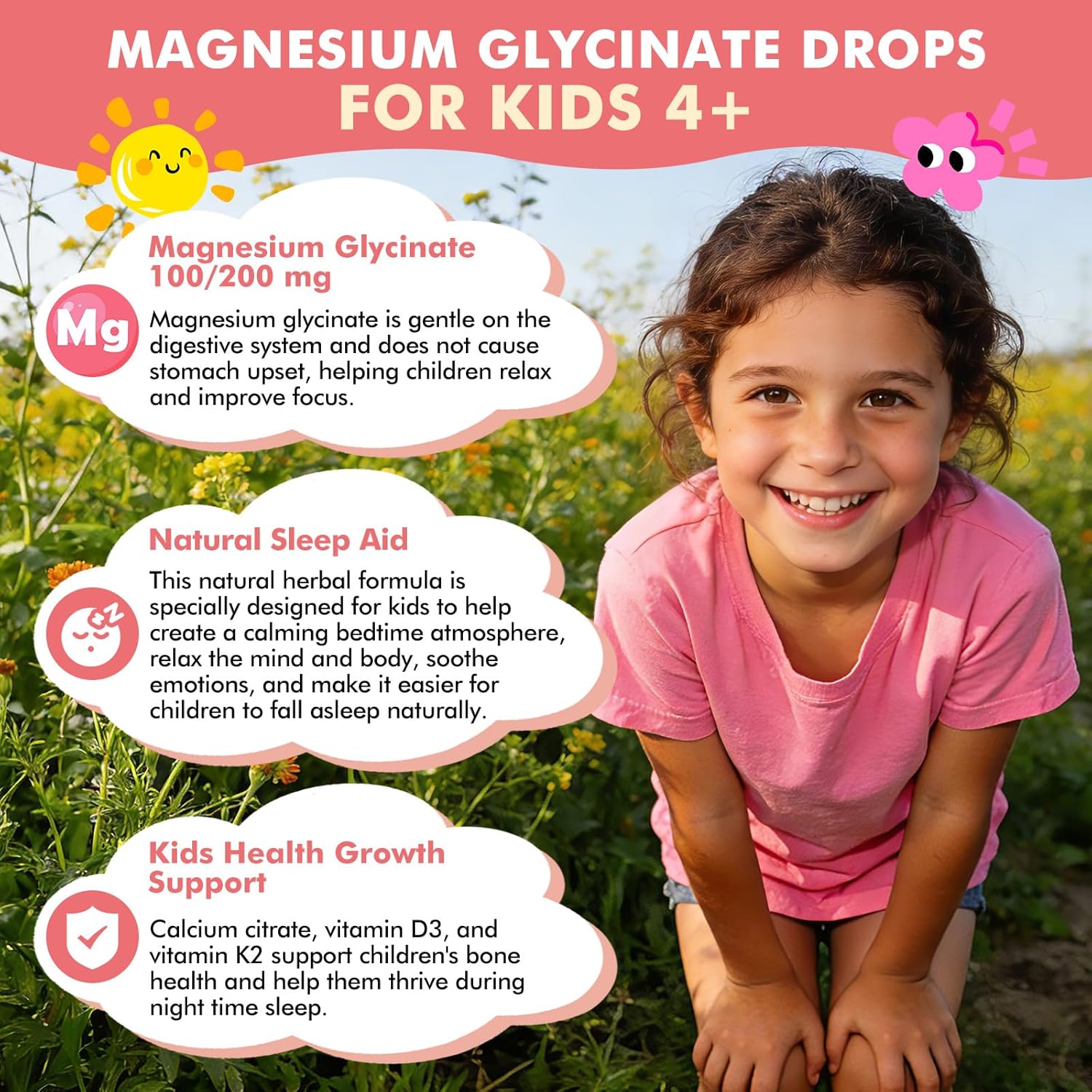 Magnesium Glycinate Liquid Drops for Kids 4+, Magnesium Glycinate 100/200 mg for Sleep, Relaxation & Calm Support, 11 in 1 Natural Gentle Sleep Aid for Kids, Sugar Free Strawberry Flavor, 2 Fl Oz - Image 2