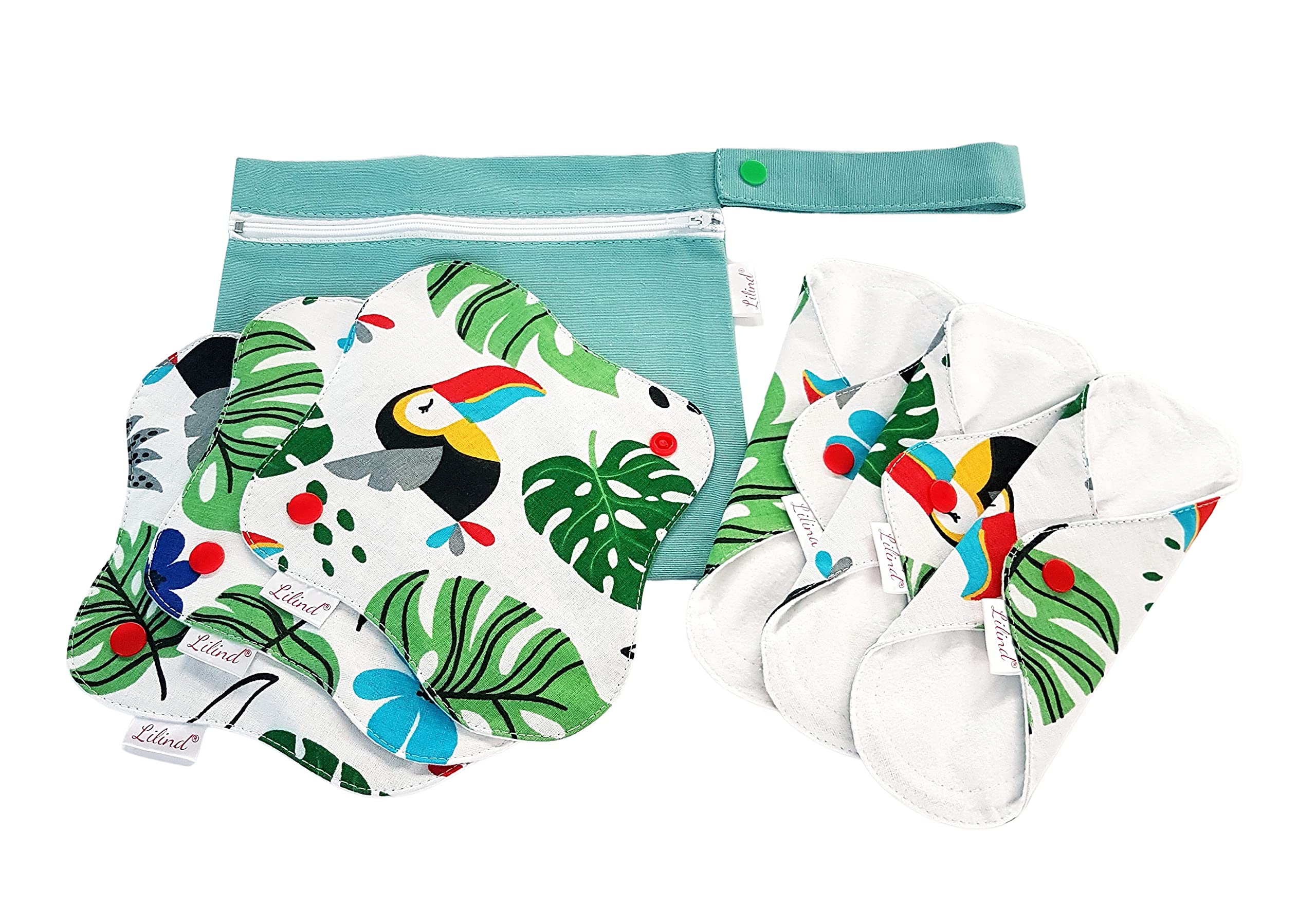 Lilind® Paquete de 6 almohadillas de tela orgánicas de 24 cm regulares reutilizables menstruales sanitarias juego completo cero residuos 100% algodón, loros