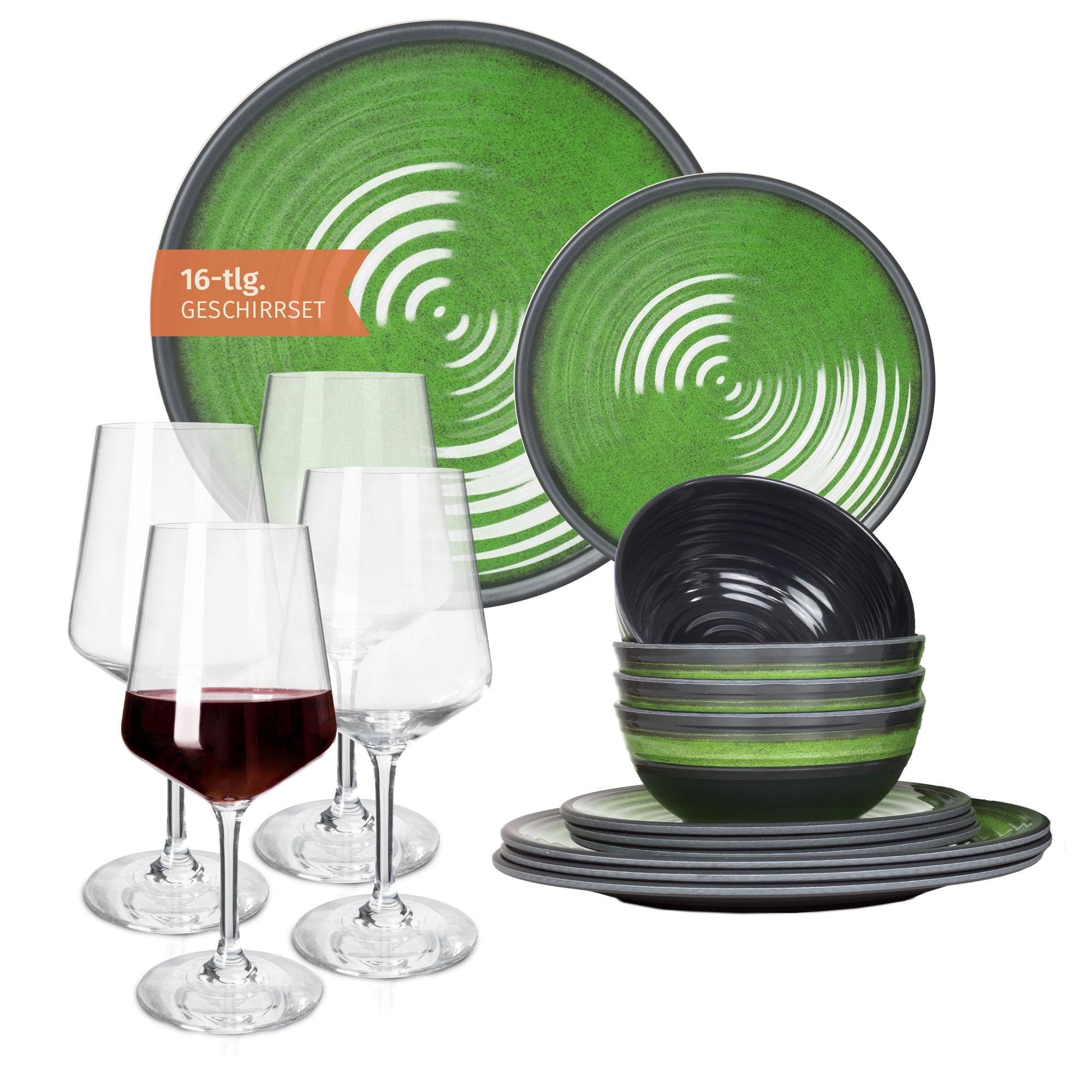 Vajilla de melamina para camping, 4 personas, color verde piedra + 4 copas de vino tinto Milano, copas de vino rojo, vajilla de pícnic, barbacoa