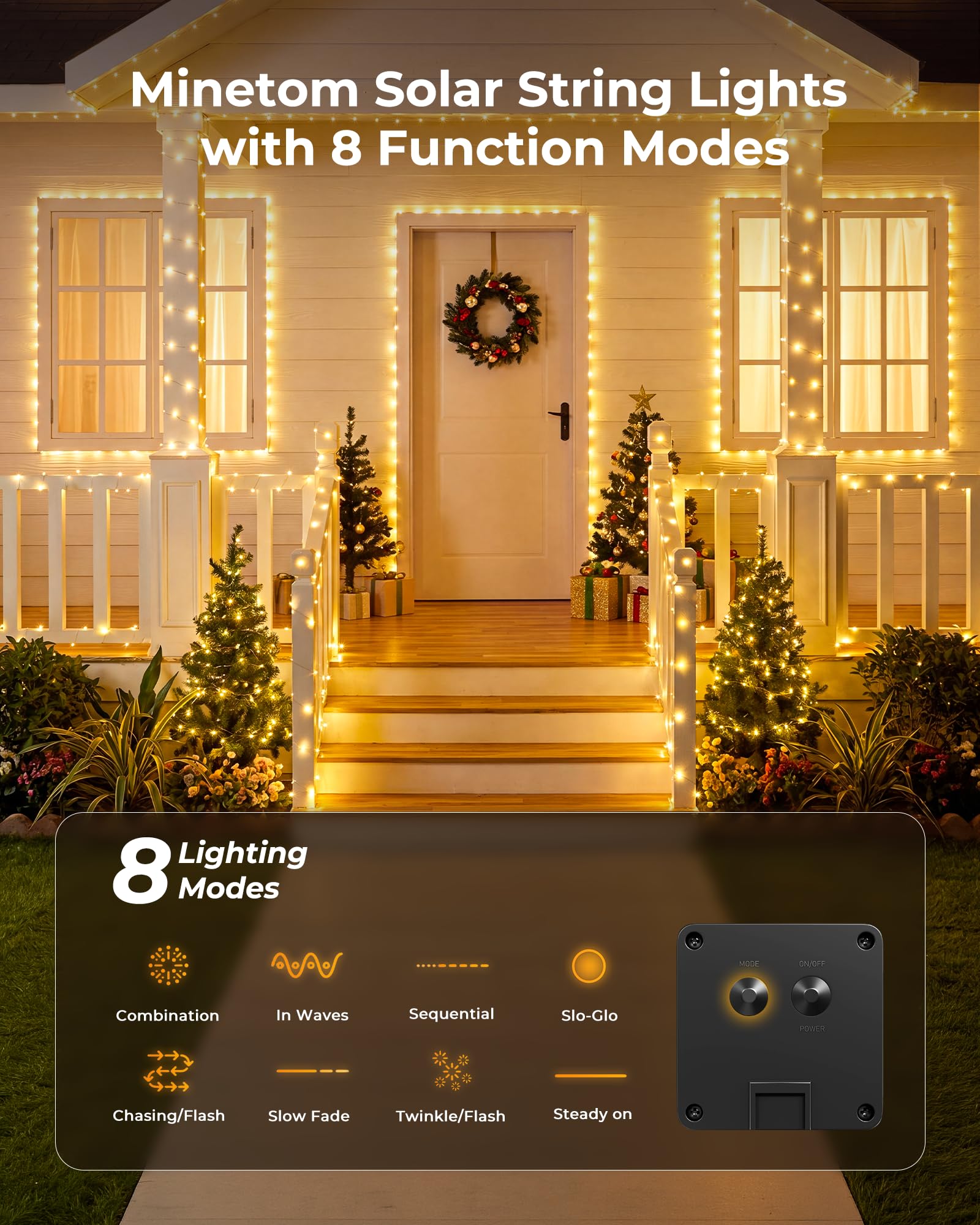 Minetom Guirnalda de luces solares, 4 paquetes en total de 400 luces LED solares de hadas de 132 pies, luces solares impermeables para exteriores, patio, árbol, boda, Navidad, blanco cálido