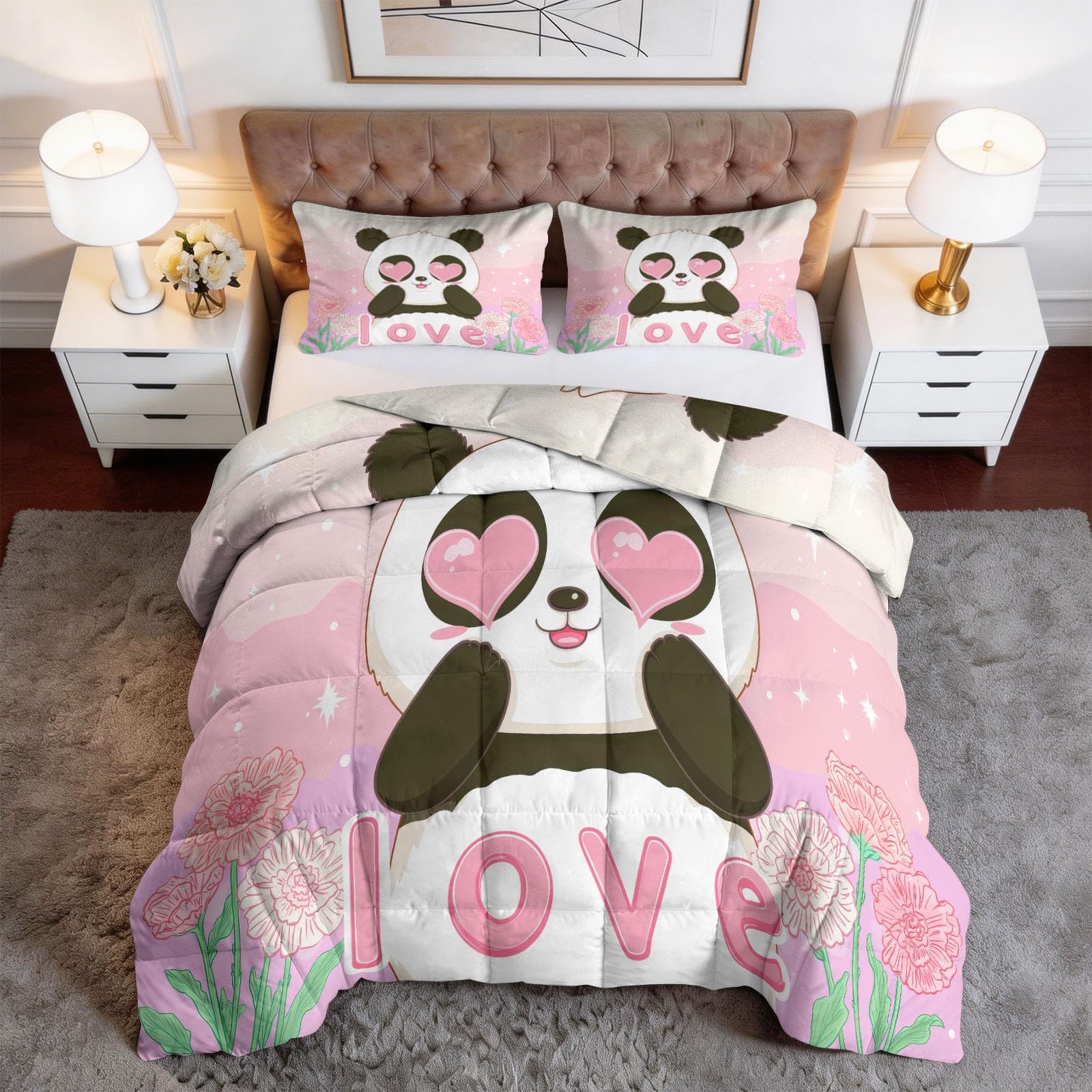 Panda Mit Rosa Herzaugen Bettdecke 155 x 220 cm 4 Jahreszeiten Steppdecke, Lustiger Cartoon Waschbare Ganzjahresdecke Kinder Mädchen Bettwaren Set Kinderzimmer Babyzimmer Bettdecke Ohne Bezug