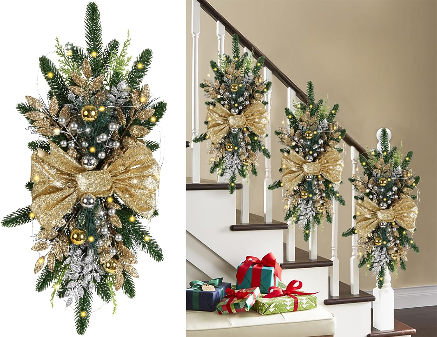 IPOPU Christmas Swag Wreaths, Light up Christmas Stair Swags, Artificial Christmas Teardrop Swags Prelit Stairs Christmas Decoration for Stair Railing Wall Window Xmas Decor(Gold) Gold 1pc