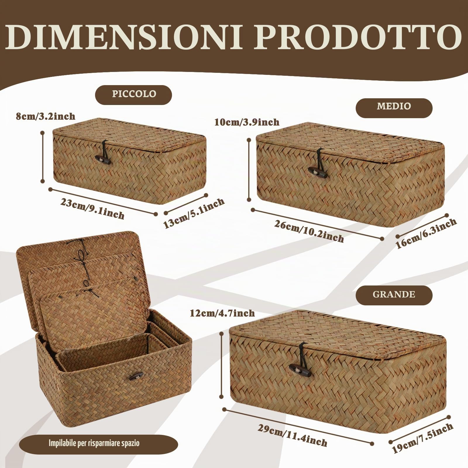 3 Pezzi Cestino in Rattan con Coperchio, Cestini da Scaffale in Seagrass Naturale, Scatola Portaoggetti Rettangolare Multiuso Scatole Organizer per Bagno Cucina e Soggiorno