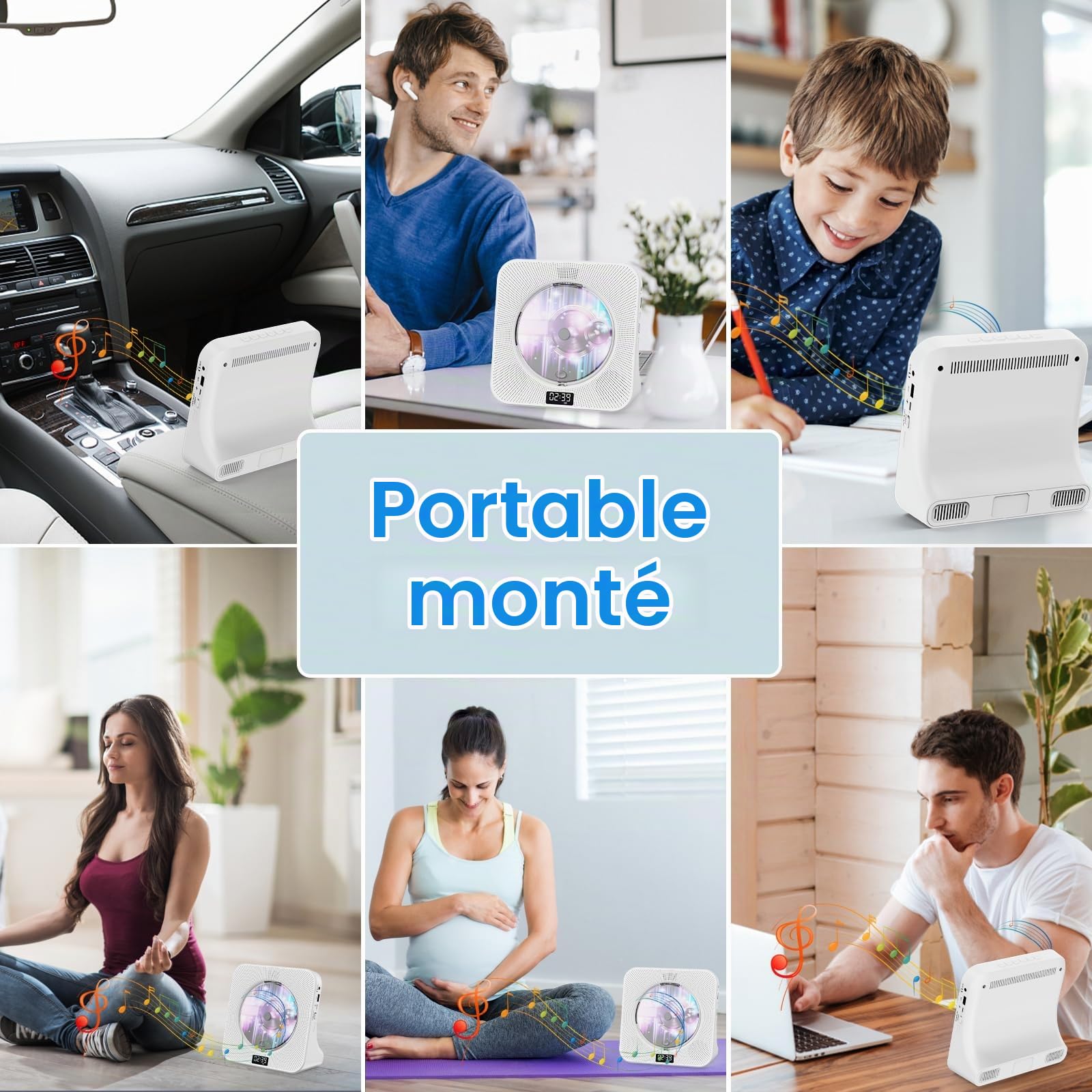 Gueray Lecteur CD Bluetooth portable HiFi avec haut-parleurs USB et prise casque, double haut-parleur multifonction pour la maison