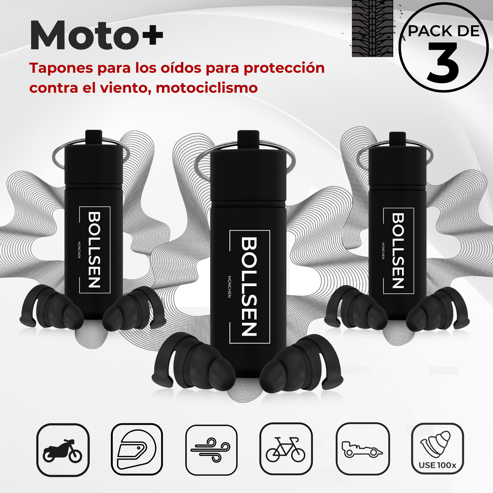 BOLLSEN Tapones para Moto – Tapones Reutilizables para Motoristas – Reducción del Ruido del Viento con 24 dB SNR – Se Ajustan Bajo el Casco – Lavables, Duraderos y Cómodos para el Uso Diario (3)