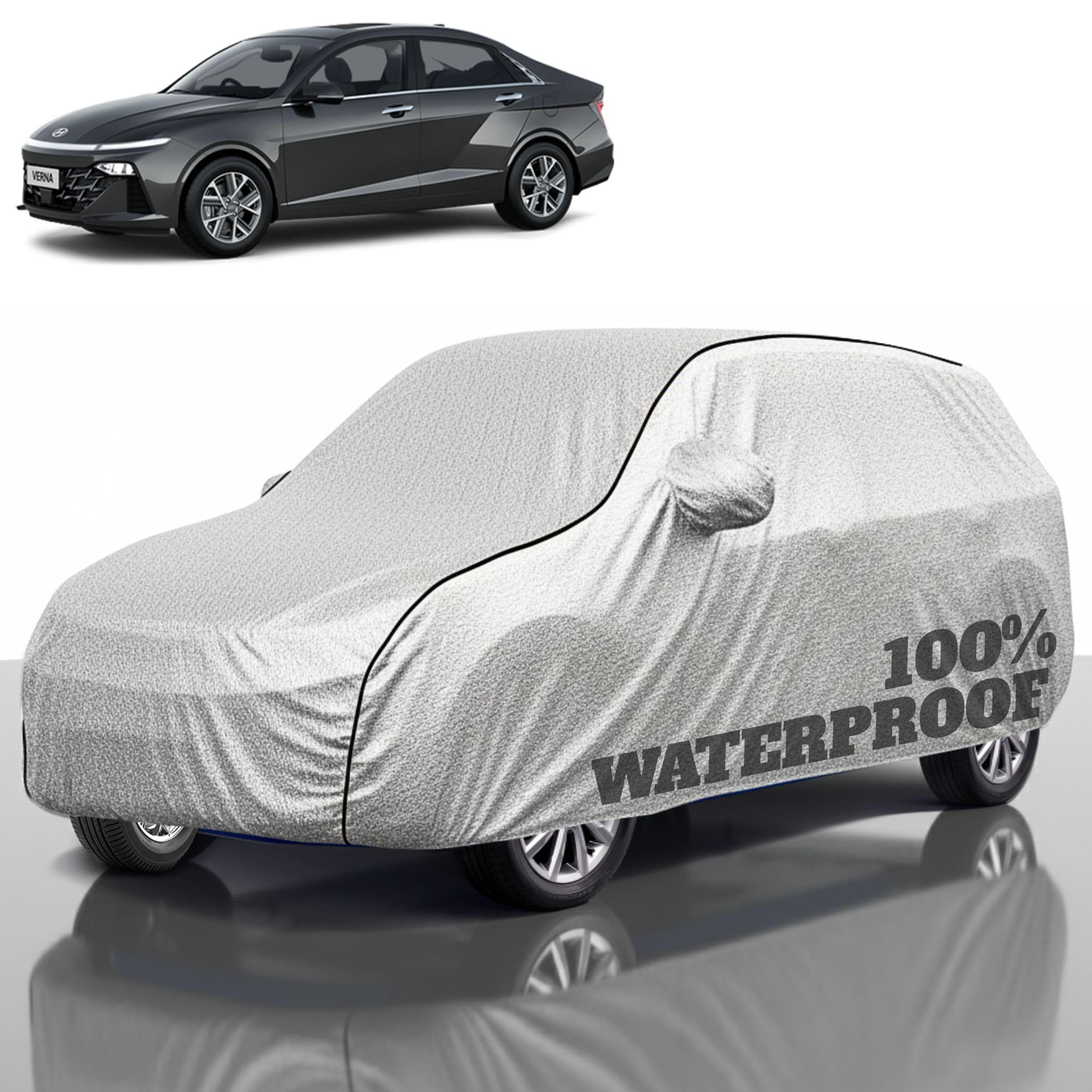 Premium Polyester Car Cover Verna All-Weather Protection from Rain, Dust &amp; Sun | UV Resistant Fabric | Full Body Secure Fit for Outdoor &amp; Indoor Parking Silver