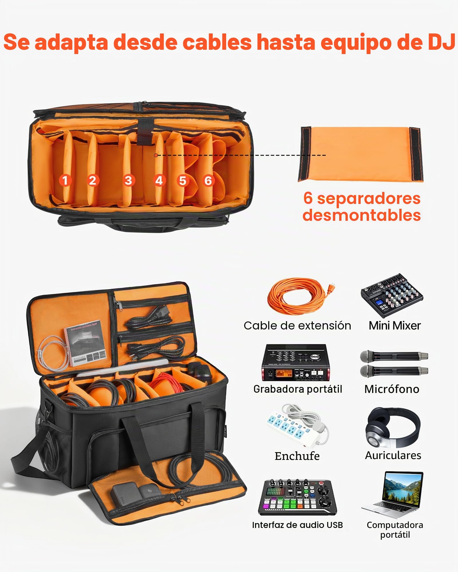 VEVOR Bolsa para DJ con Ruedas 50 x 24 x 26 cm, Bolsa de Viaje para Cables 1680D Acolchada con 6 Divisores Desmontables, Impermeable, Resistente al Desgaste para Accesorios Equipos de Sonido Músicos