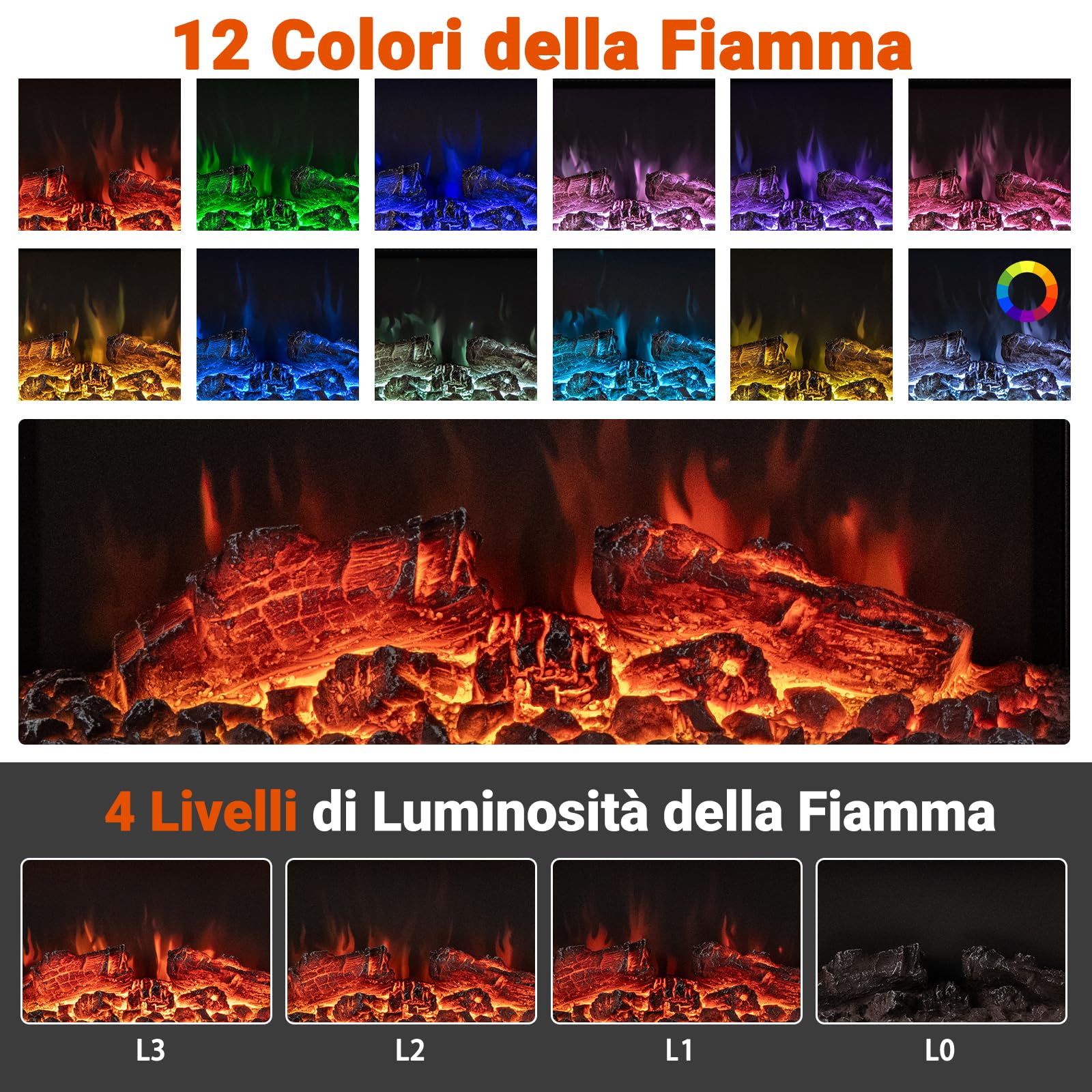 RELAX4LIFE Caminetto Elettrico da Parete con Mensola Fluttuante, Fiamma Multicolore e Luce Ambientale, Caminetto da 750W/1500W con Telecomando, Protezione da Surriscaldamento e Timer 8 Ore