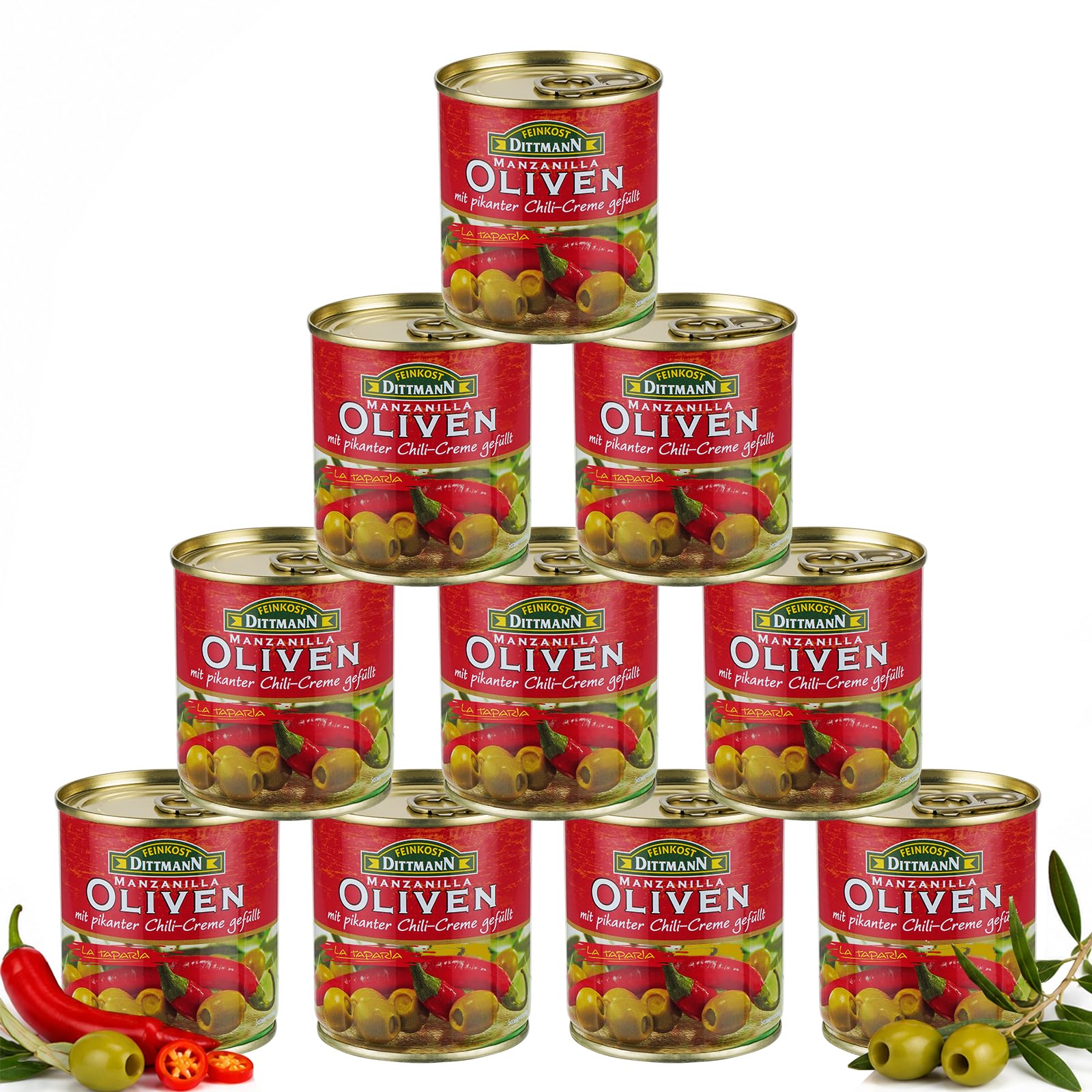 Feinkost Dittmann Manzanilla-Oliven gefüllt mit Chilicreme 85g – 10er Pack | Würzige Oliven für Antipasti, Salate, Tapas & kalte Platten – Premium Qualität, verzehrfertig & aromatisch