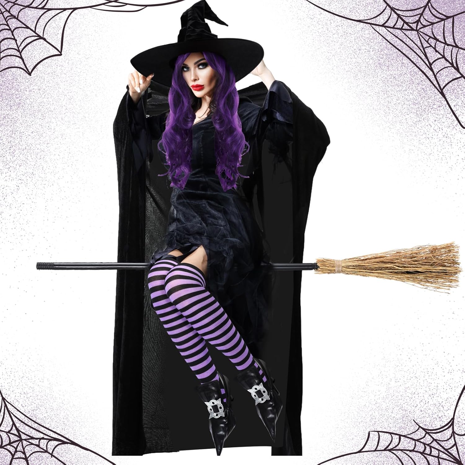Ramede 6 Pcs Halloween Witch Cosplay Costume Adult Cape Witch Hat Shoe Covers Broomstick Curly Hair Wig Striped Tights