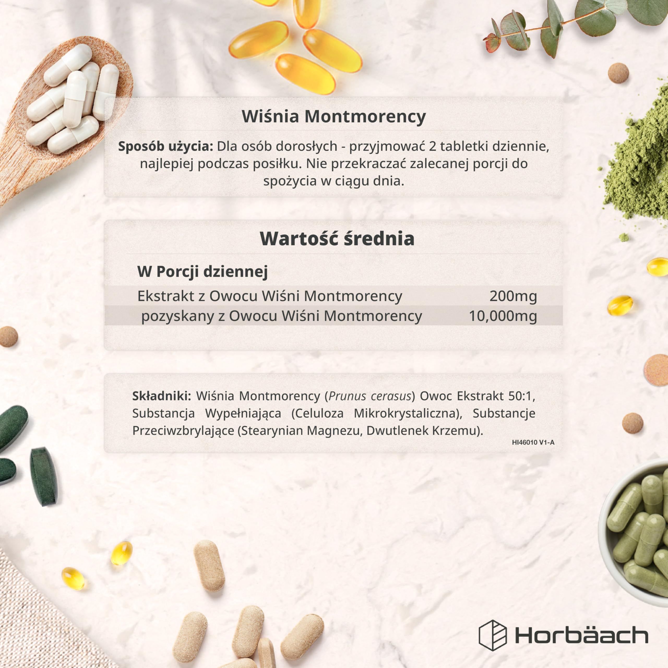 Wiśnia Montmorency 10,000mg | 180 Tabletek - Zapas na 3 Miesiace | Naturalny Ekstrakt z Cierpkiej Wiśni 50:1 | Wysokie stężenie, koncentrat wegański | marki Horbaach