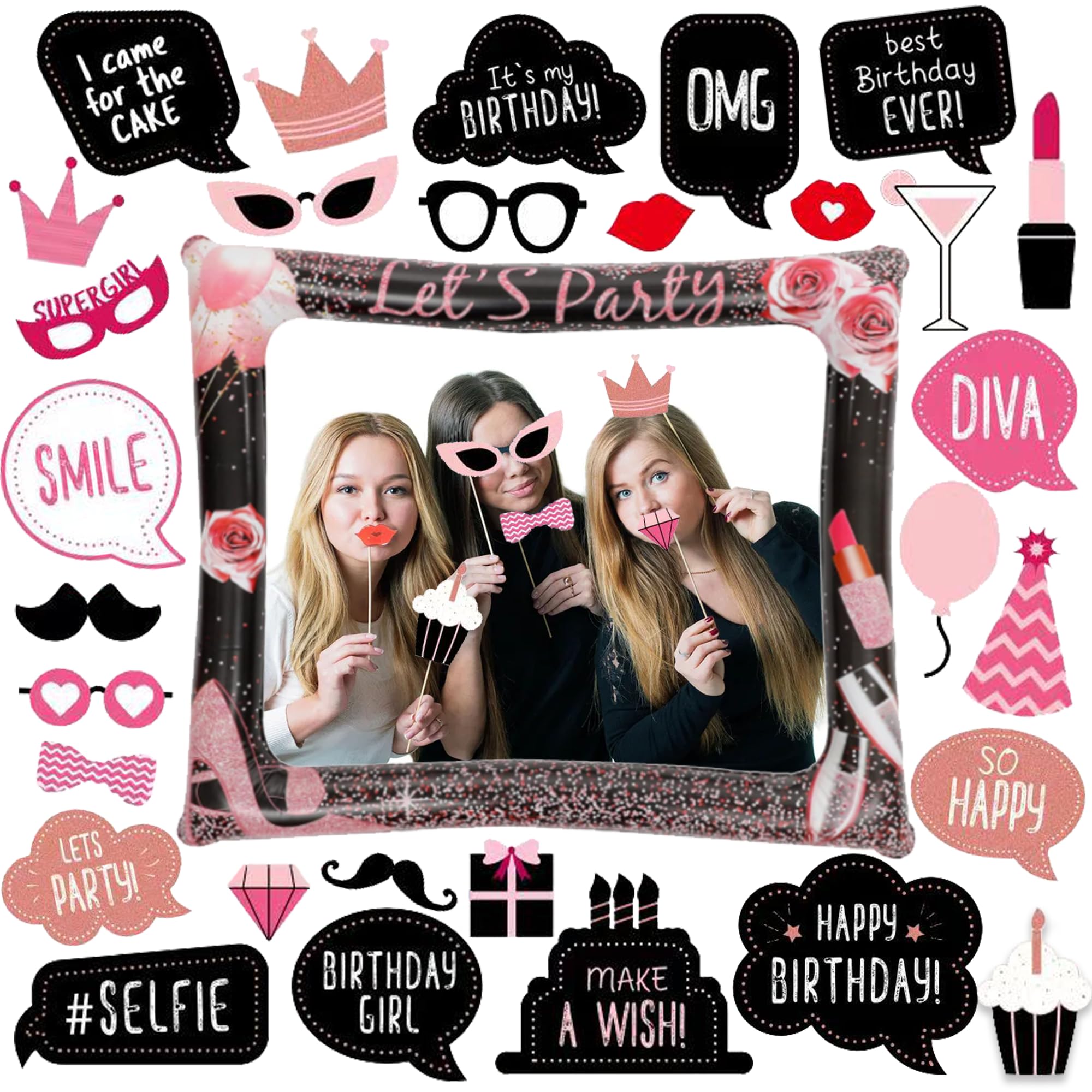 Rose Gold Inflatable Photo Frame - 31 Pieces Birthday Party Photobooth Supplies for Any Age large Photos Frame Mustache Bow Lips Lipsticks Eyeglasses for Girls Boys Ladies Birthday Selfie Booth Props