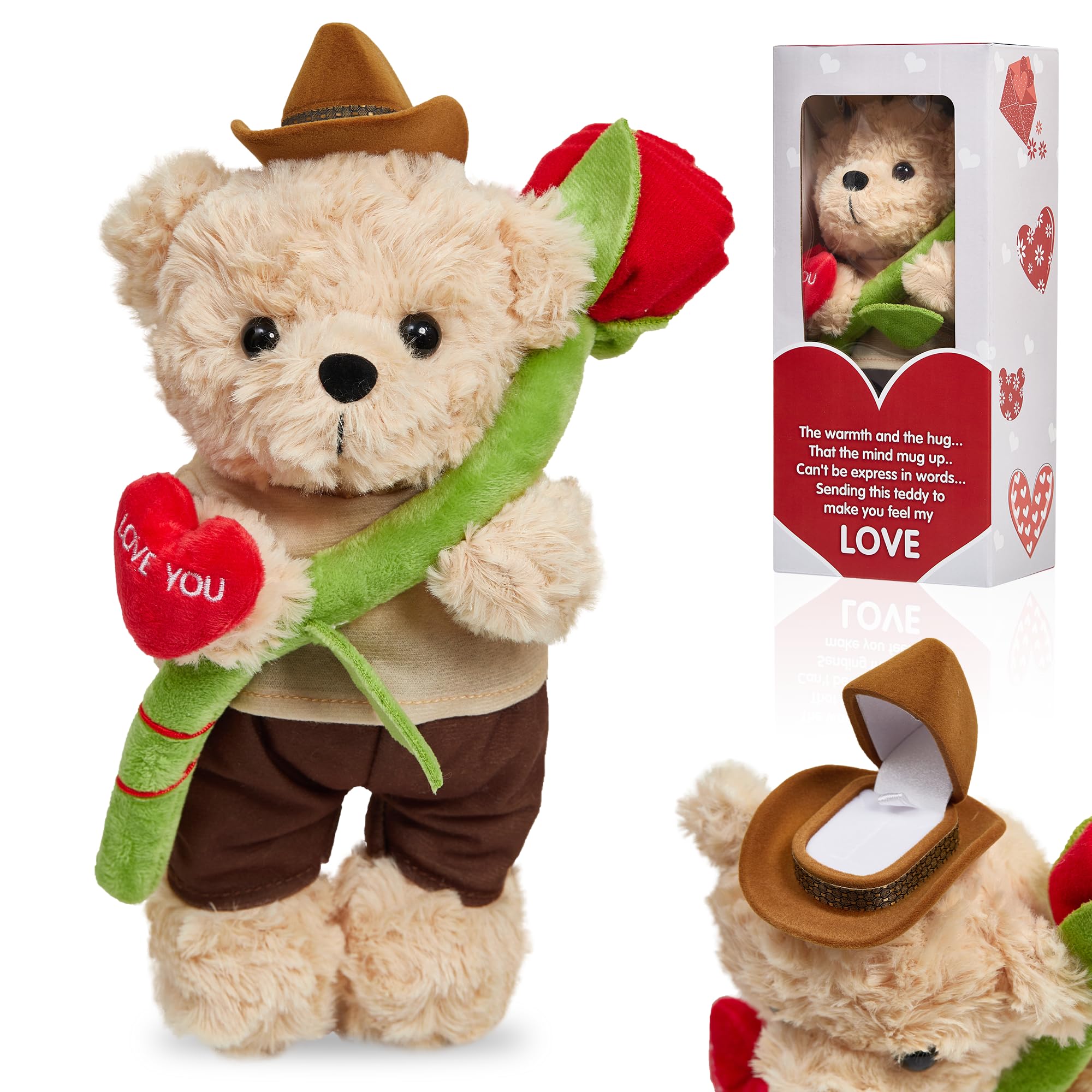 Teddy Bear Stuffed Animal for Girlfriend Boyfriend, Soft Plush Toy Teddy Bear With Rose Heart, Mothers Day Birthday Gifts for Mom Her Him Lover - 11 Inch Cute Bear Plush Present with Jewelry Box Hat