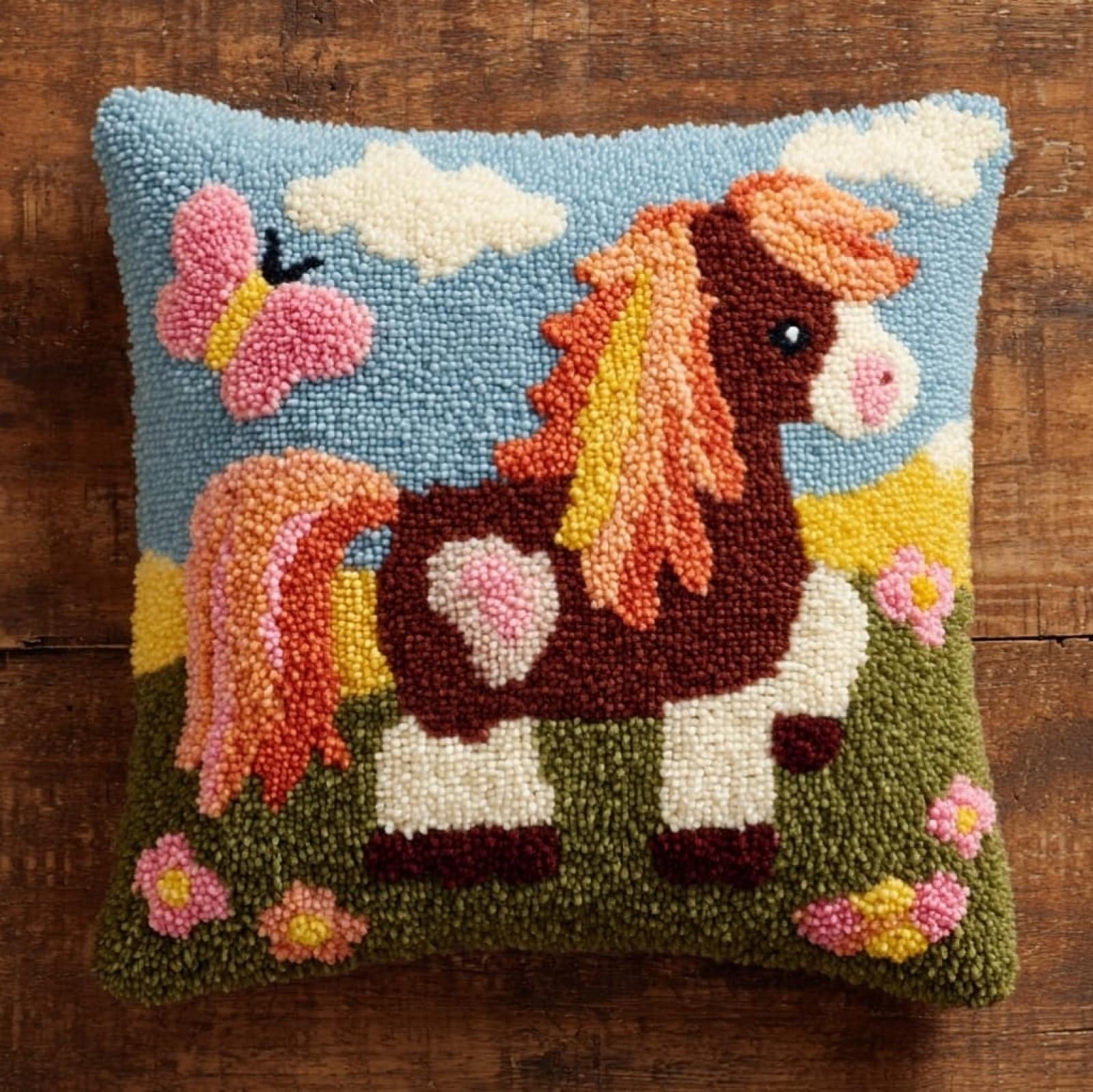 AxiangziK 43x43cm Latch Hook Pillow Kit,Horse and Butterfly Pre-Printed Pattern Cushion Cover,Craft Set with Yarns and Hook for All Ages