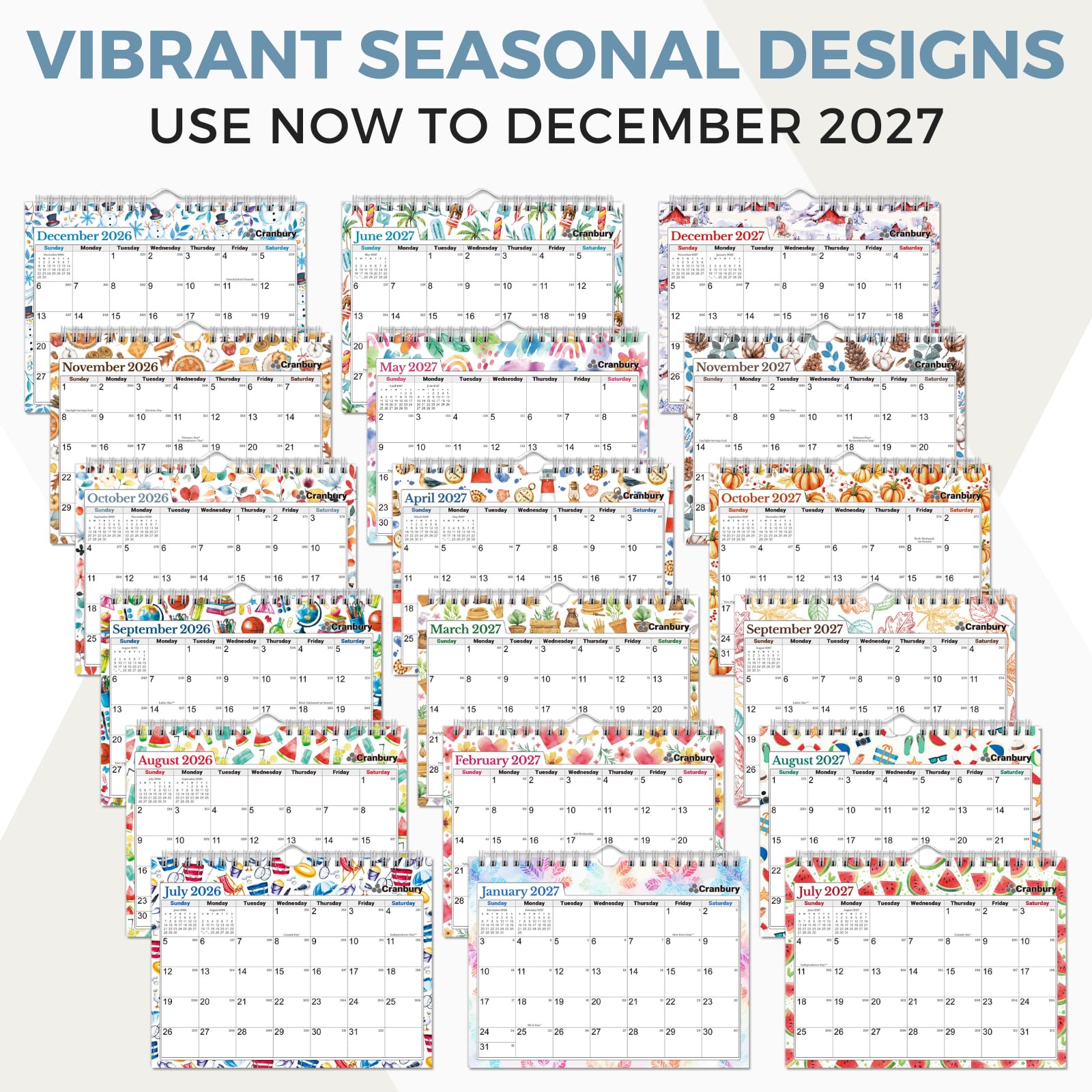 CRANBURY Calendario de pared pequeño 2025 de 8 x 6 pulgadas (temporadas), mini calendario mensual colgante, encuadernado en espiral, diseños coloridos de temporada, uso en tablón de anuncios, nevera o