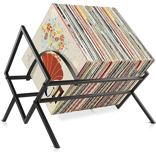 MOVNO Vinyl Record Storage Organizer, Record Player Holder Stand to Display 80-100 LPs, Albums, Books, Magazines (Metal Black)