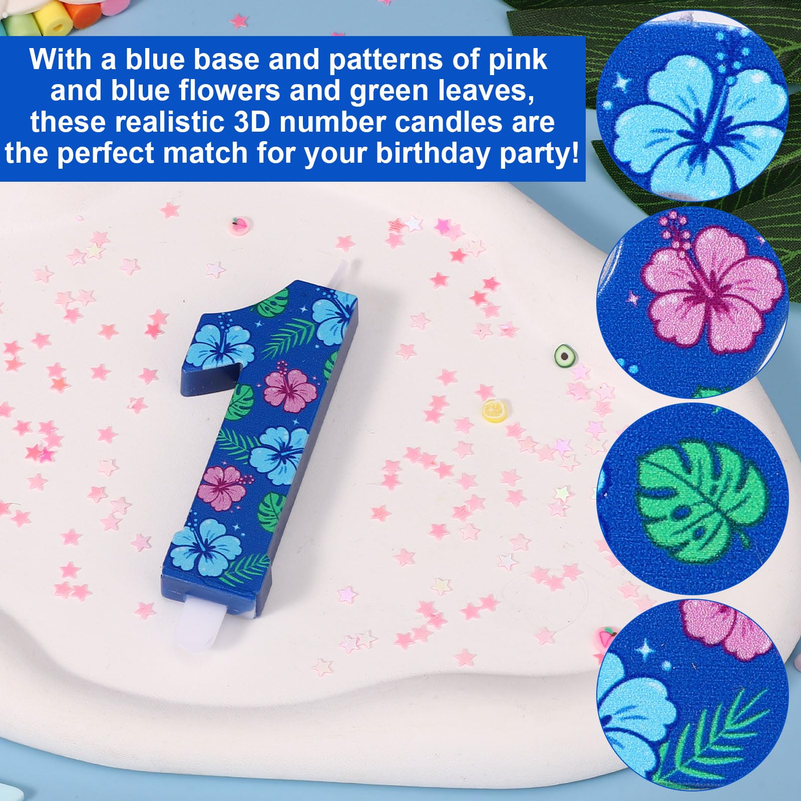 Bougie d'Anniversaire en Forme de Chiffre de Dessin Animé, Décoration Gâteau 3D Bleue Sur le Thème des Animés et d'Hawaï avec Motif Floral pour les Fêtes d'Enfants (Garçons et Filles) (Numéro 9) - 4