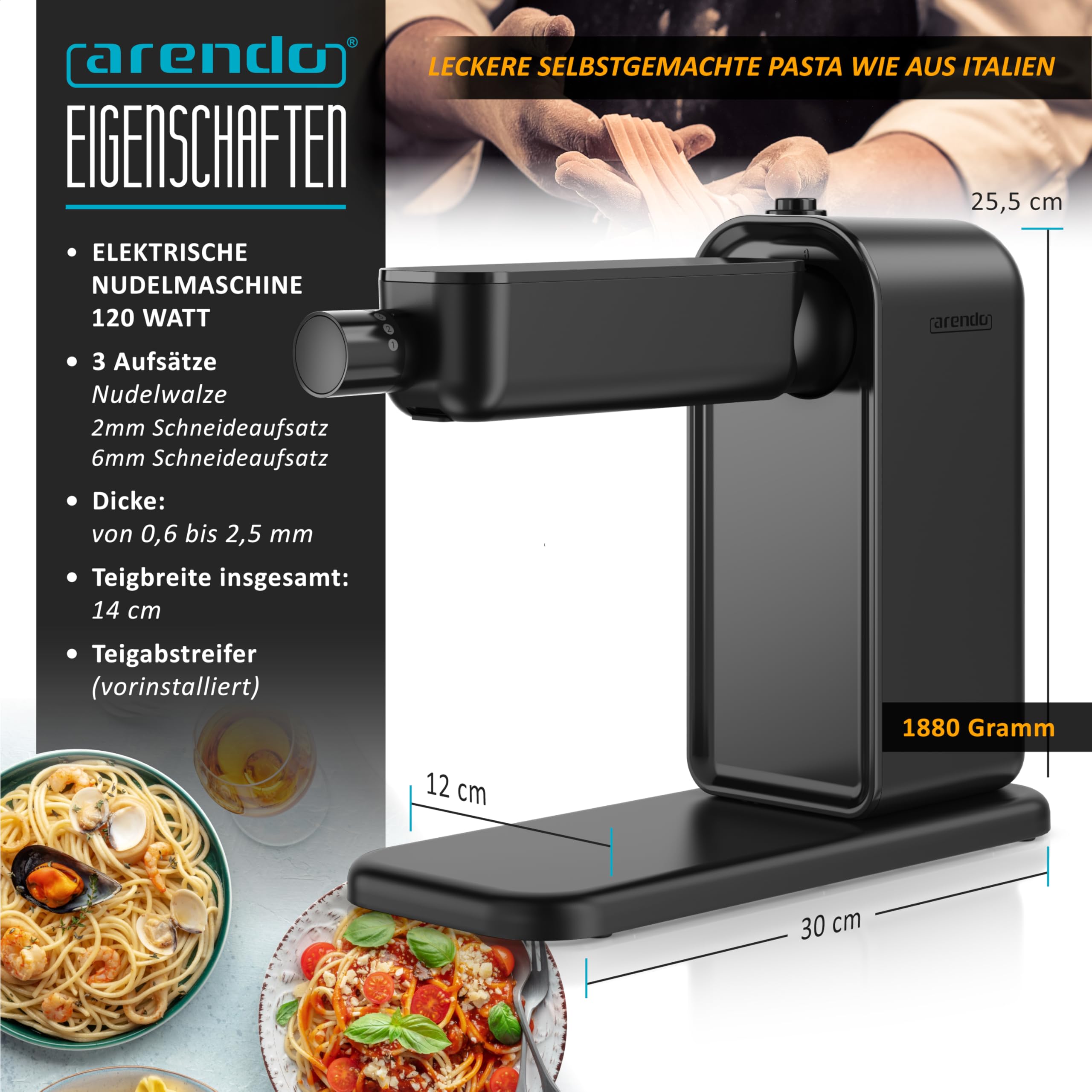 Arendo - Nudelmaschine elektrisch – Pasta Maker - 5 Stärken einstellbar – 120 Watt – Nudelwalze und 2x Pasta-Schneideinsätze 2 mm und 6 mm – Knetmaschine - schwarz matt