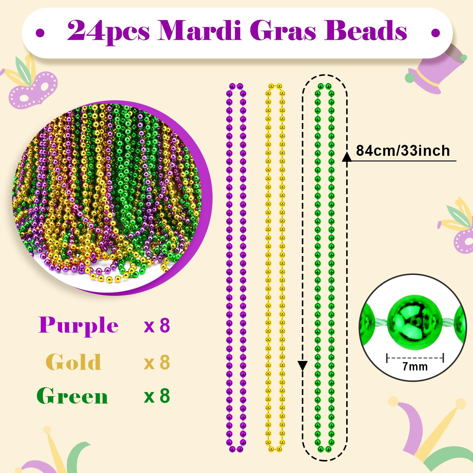 FUNIXY 24pcs Mardi Gras Beads Necklaces Bulk, Green Gold Purple Beads Carnival Parades Costume Throw Beads Party Decoration Masquerade St. Patrick's Day Party Favor Supplies
