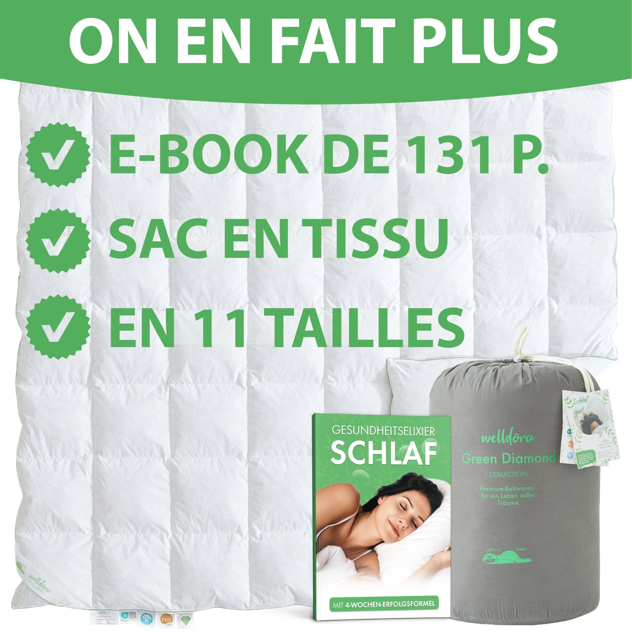 Welldora Couette 2 Personne Grand Confort 260x240 | 100% Plumes et Duvet Extradoux | Vérifiée par des Médecins, Oeko-Tex, Anti-Allergies, Certifiée RDS pour Le Bien-Être Animal | Couette Toute Saison