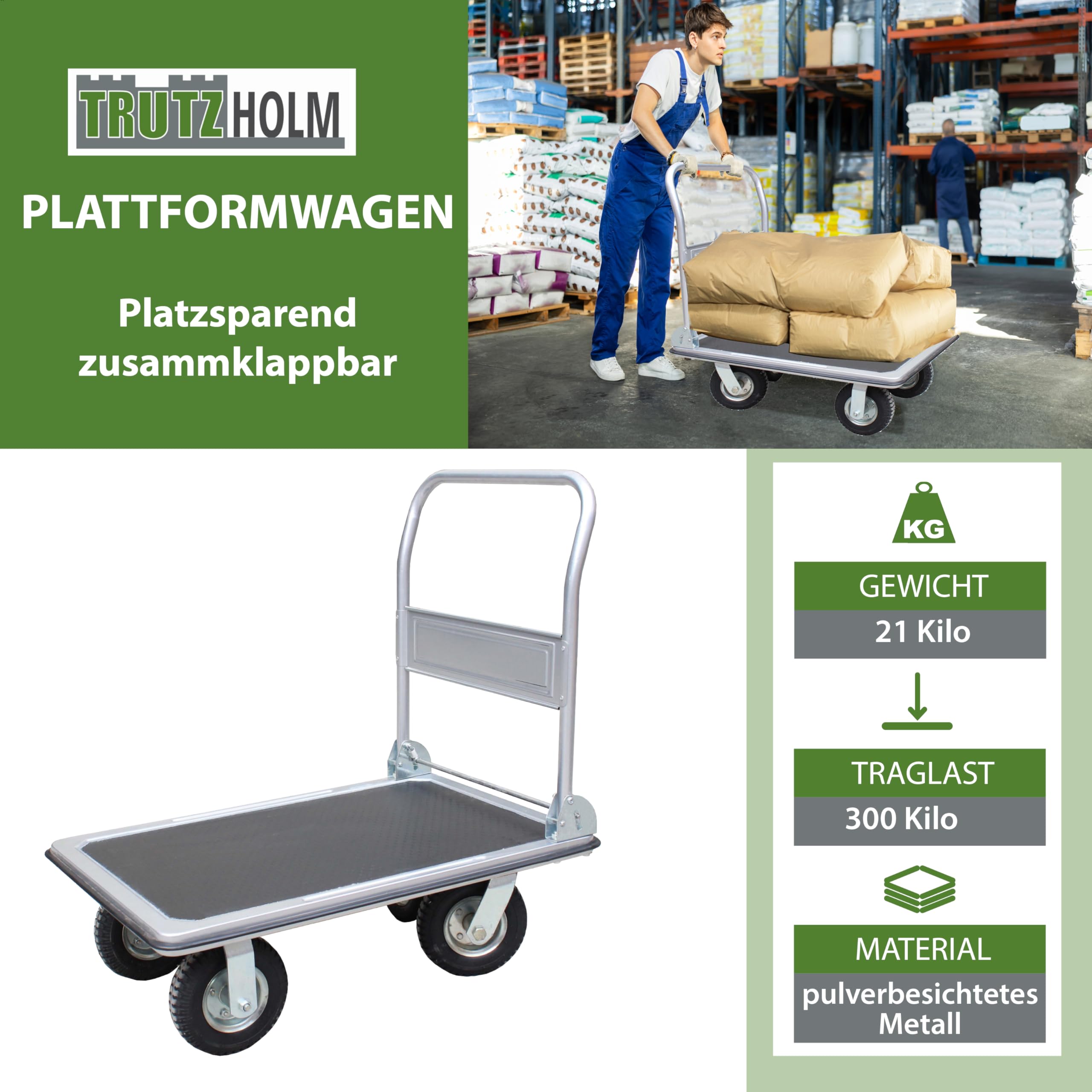 Plattformwagen 300 kg luftbereift Transportwagen Handwagen Paketwagen Transporthilfe mit Lenkrollen Transportkarre 22cm XXL Lufträder kugelgelagert 90 x 60 x 96 (L x B x H)